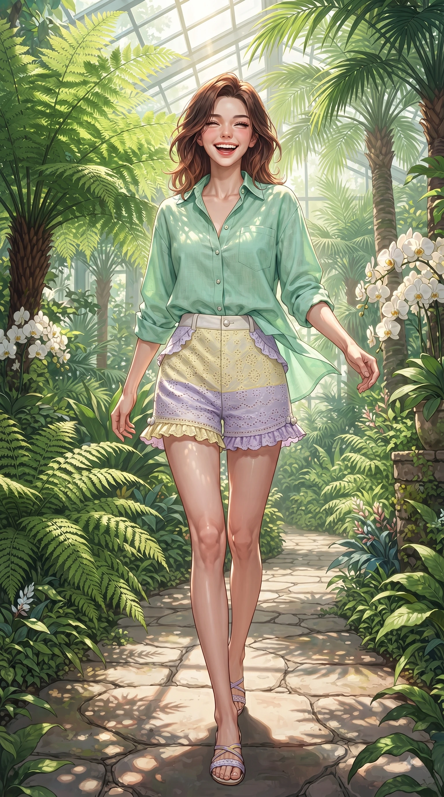 score_9, masterpiece, best quality, ultra-detailed, high-budget anime keyframe, editorial fashion photography, tasteful artistic composition, Korean woman. low angle full-body shot from head to toe showing her feet, filling the entire 9:16 vertical frame with her statuesque presence, stretching her vertical silhouette. performing a cheerful mid-motion turn with flawless poise, her radiant smile capturing fresh girlhood energy while strolling happily along a stone garden path amidst towering tropical ferns and blooming white orchids. The surrounding environment is rendered in vivid detail and crisp panoramic clarity. rich emerald plant textures and sunlit conservatory walkways showcased with environmental sharpness. She has an absolutely perfect, statuesque 8.5-heads proportion, an exceptionally tall and slender model-like female figure with impossibly long slender legs and an ultra-slim waist. sharp v-shaped jawline, high-bridge nose, intricate jewel-like eyes with depth, thick eyelashes, glossy lips with a natural sheen, flawlessly proportioned anatomical accuracy, natural body alignment, perfectly sculpted elegant limbs, clean dynamic posture without body distortion. wearing a fresh mint green linen button-down shirt paired with tailored white Bermuda shorts in soft lemon yellow and lavender violet, woven with delicate eyelet lace and soft cotton, finished with subtle ruffle trims and delicate pearl buttons, the breezy lightweight fabric fluttering softly against her delicate frame. illuminated by fresh botanical sunbeams casting delicate leaf patterns. ultra-reflective glossy finish, specular highlights, metallic sheen, high-contrast stereoscopic depth, volumetric dynamic lighting, 2k, ultra detail, master piece, 9:16 ratio