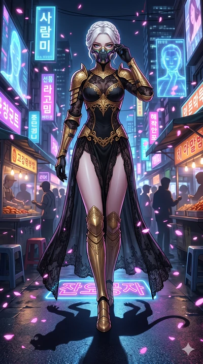 score_9, masterpiece, best quality, ultra-detailed, Set A: High-budget Anime Keyframe, Caucasian (strictly human ears) woman. Low angle cowboy shot filling the entire 9:16 frame with her statuesque presence. Adjusting a mask through a neon-lit Neo-Se