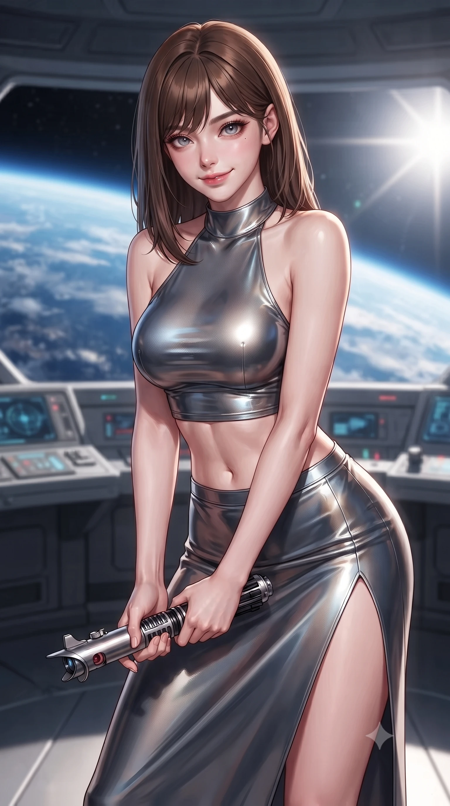 score_9, masterpiece, best quality, ultra-detailed, high-budget anime keyframe, editorial fashion photography, tasteful artistic composition, Korean woman. close-up cowboy shot from the waist and thighs up, the character dominates the composition, filling the frame with her large presence, background elements kept in soft focus. leaning slightly forward with a playful, teasing smile while holding a deactivated plasma saber hilt, the background shows a soft-focus an orbital observation platform looking down at the curved atmosphere of Earth. She has an exceptionally elegant, slender, and willowy female figure with an ultra-slim waist, a gracefully sculpted slender torso, and a refined silhouette. sharp v-shaped jawline, high-bridge nose, intricate jewel-like eyes with depth, thick eyelashes, glossy lips with a natural sheen. wearing a body-hugging carbon-fiber halter-neck crop top paired with a matching high-slit midi skirt, revealing her slim waist. blinding raw sunlight clashing with the deep blue curve of the planetary horizon. ultra-reflective glossy finish, specular highlights, metallic sheen, high-contrast stereoscopic depth, volumetric dynamic lighting, 2k, ultra detail, master piece, 9:16 ratio