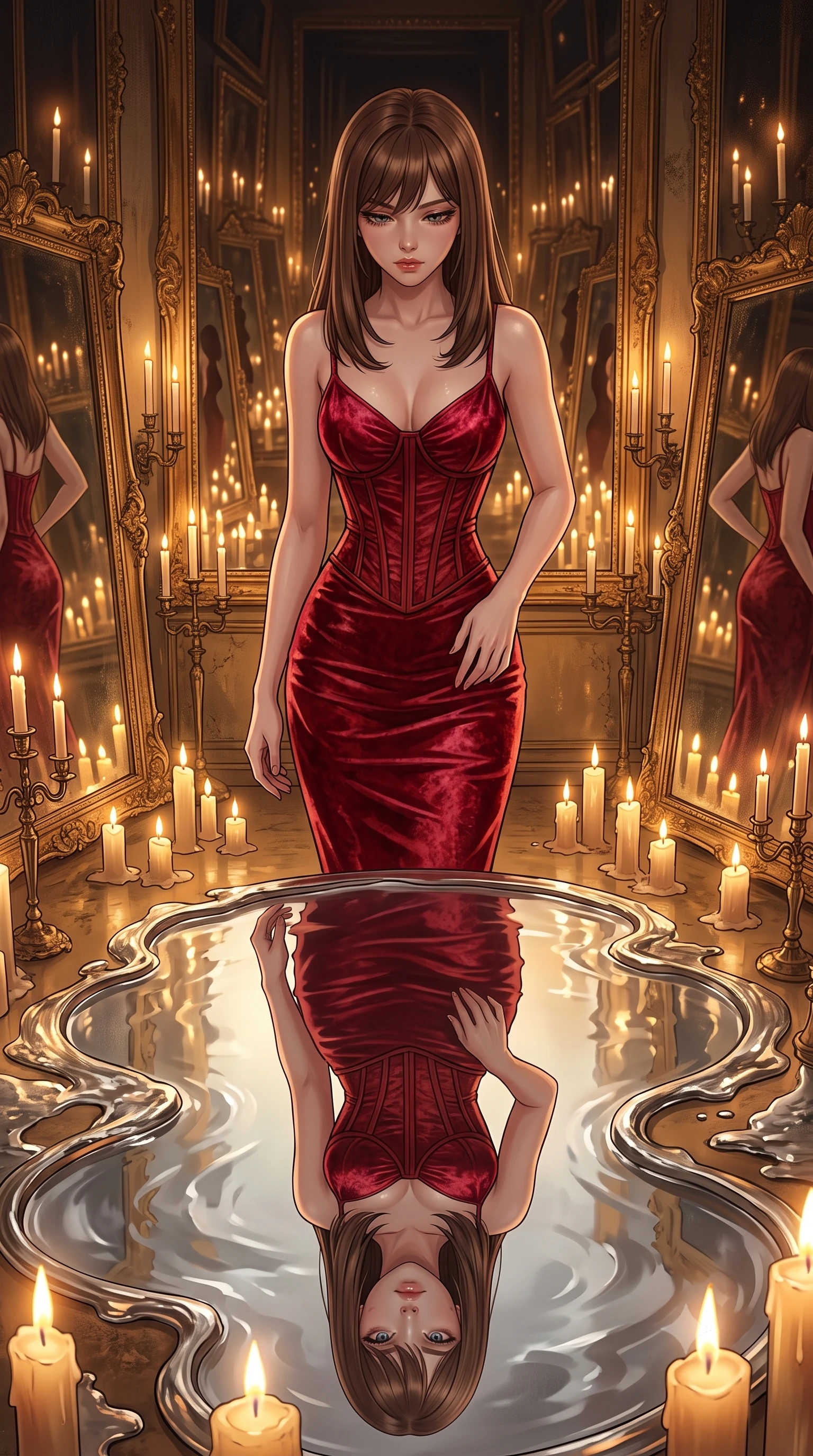 score_9, masterpiece, best quality, ultra-detailed, High-budget Anime Keyframe, East Asian woman. Low angle cowboy shot filling the entire 9:16 frame with her statuesque presence. Scenario 426: gazing at her reflection in a pool of liquid silver in a hall of mirrors reflecting infinite silhouettes in warm candlelight. Her presence is magnetic and overpowering in this high-budget anime scene. Outfit 426: a body-hugging crimson red crushed velvet slip dress layered over a structured corset bodice. The clothing is designed to emphasize her exceptionally tall and slender 8-heads proportion. 8-heads proportion, towering silhouette, ultra-slim waist. sharp v-shaped jawline, intricate jewel-like eyes with depth, thick eyelashes, glossy lips. 2k, ultra detail, master piece, 9:16 ratio
