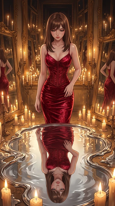 score_9, masterpiece, best quality, ultra-detailed, High-budget Anime Keyframe, East Asian woman. Low angle cowboy shot filling the entire 9:16 frame with her statuesque presence. Scenario 426: gazing at her reflection in a pool of liquid silver in a