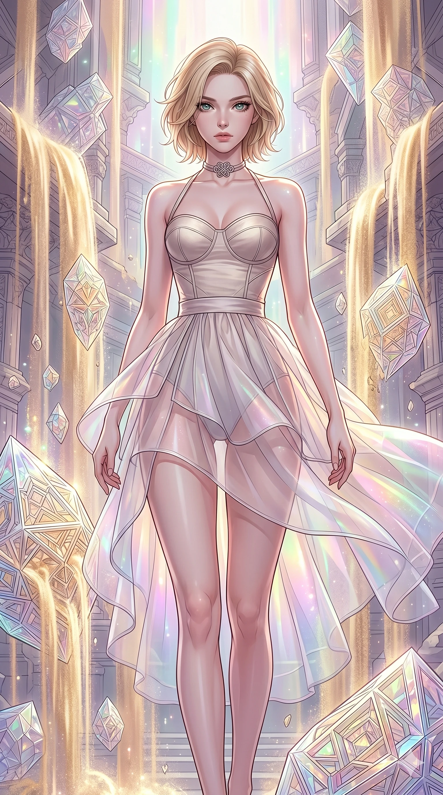 score_9, masterpiece, best quality, ultra-detailed, high-budget anime keyframe, Caucasian woman, strictly human ears. upper body close-up from the thighs up, character filling the screen for maximum presence. descending through a fractal quicksand temple where golden sand waterfalls transform into glass crystals, revealing intricate repeating patterns. She has an absolutely perfect 8-heads proportion, an exceptionally tall and slender female figure with impossibly long slender legs and an ultra-slim waist. V-shaped jawline, high-bridge nose, intricate jewel-like eyes with depth, thick eyelashes, glossy lips with a natural sheen.. wearing a modern fusion silk hanbok dress, featuring a silk bustier top, layered sheer organza skirts, and a traditional knot choker. enhanced by a luminous pastel spectrum glow, casting elegant rim lights on her shoulders and jawline. 2k, ultra detail, master piece, 9:16 ratio
