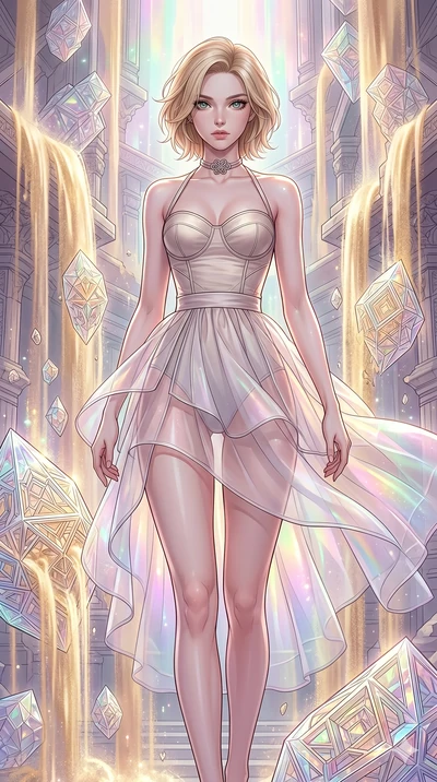score_9, masterpiece, best quality, ultra-detailed, high-budget anime keyframe, Caucasian woman, strictly human ears. upper body close-up from the thighs up, character filling the screen for maximum presence. descending through a fractal quicksand te
