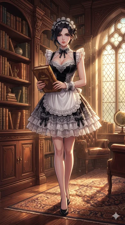 score_9, score_8_up, score_7_up, source_anime, masterpiece, best quality, ultra-detailed, same character with dark hair, wearing a sexy frilled maid outfit, holding a book in a classic Victorian mansion library, dust motes dancing in sunbeams, 2k, ul