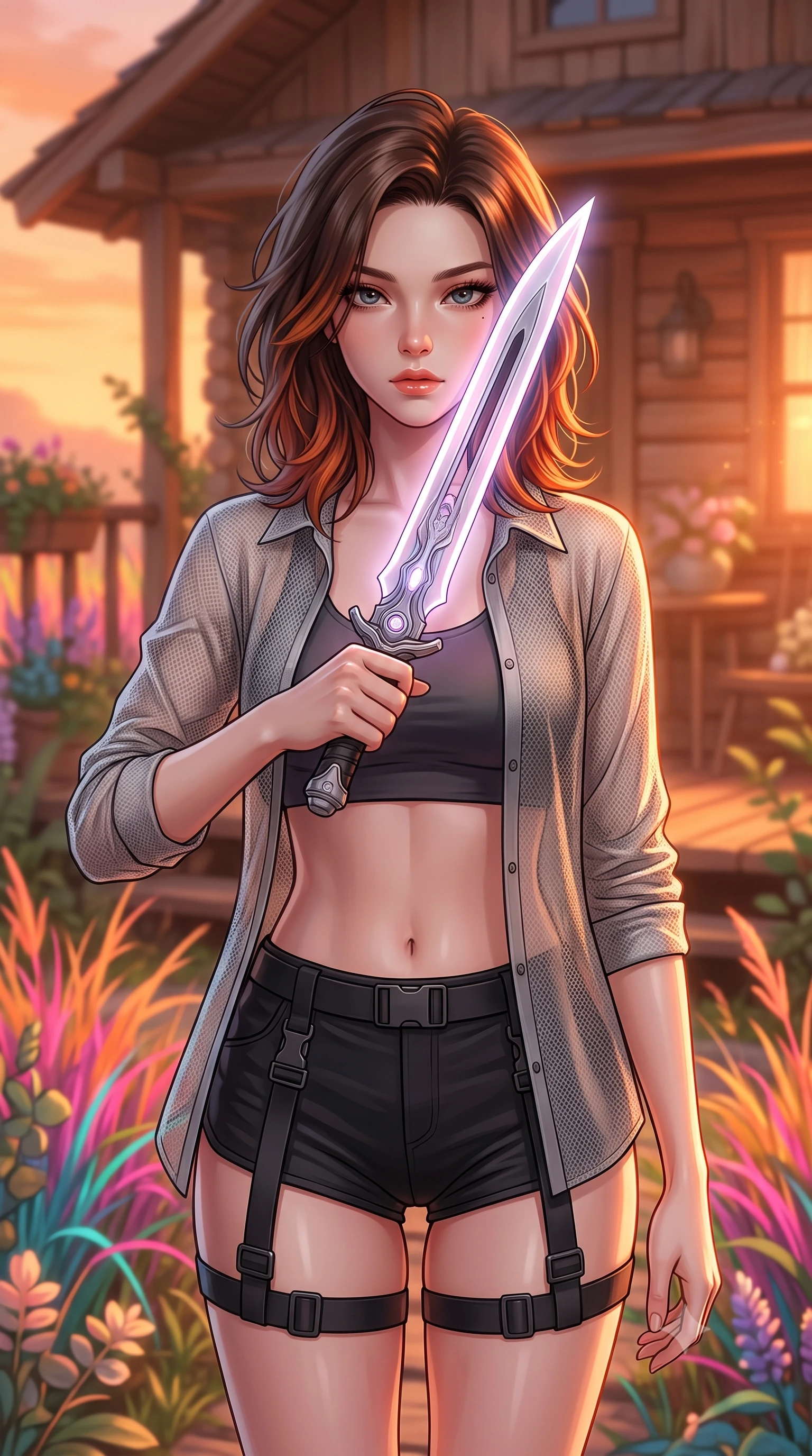 score_9, masterpiece, best quality, ultra-detailed, high-budget anime keyframe, editorial fashion photography, tasteful artistic composition, Korean woman. close-up cowboy shot from the waist and thighs up, the character dominates the composition, filling the frame with her large presence, background elements kept in soft focus. pressing the flat side of a glowing vibro-blade against her cheek, locking eyes with the viewer with bedroom-eyes, the background shows a soft-focus a cozy cottage deck in the botanical oasis, surrounded by neon beachgrass. She has an exceptionally elegant, slender, and willowy female figure with an ultra-slim waist, a gracefully sculpted slender torso, and a refined silhouette. sharp v-shaped jawline, high-bridge nose, intricate jewel-like eyes with depth, thick eyelashes, glossy lips with a natural sheen. wearing a tailored lightweight carbon-mesh cover-up shirt worn open over a crop top and high-cut combat shorts. warm sunset light casting a peaceful, cozy orange wash on her figure. highly saturated vibrant anime colors, detailed shading with soft gradients, rich glossy textures, high-contrast stereoscopic depth, volumetric dynamic lighting, master piece, 9:16 ratio