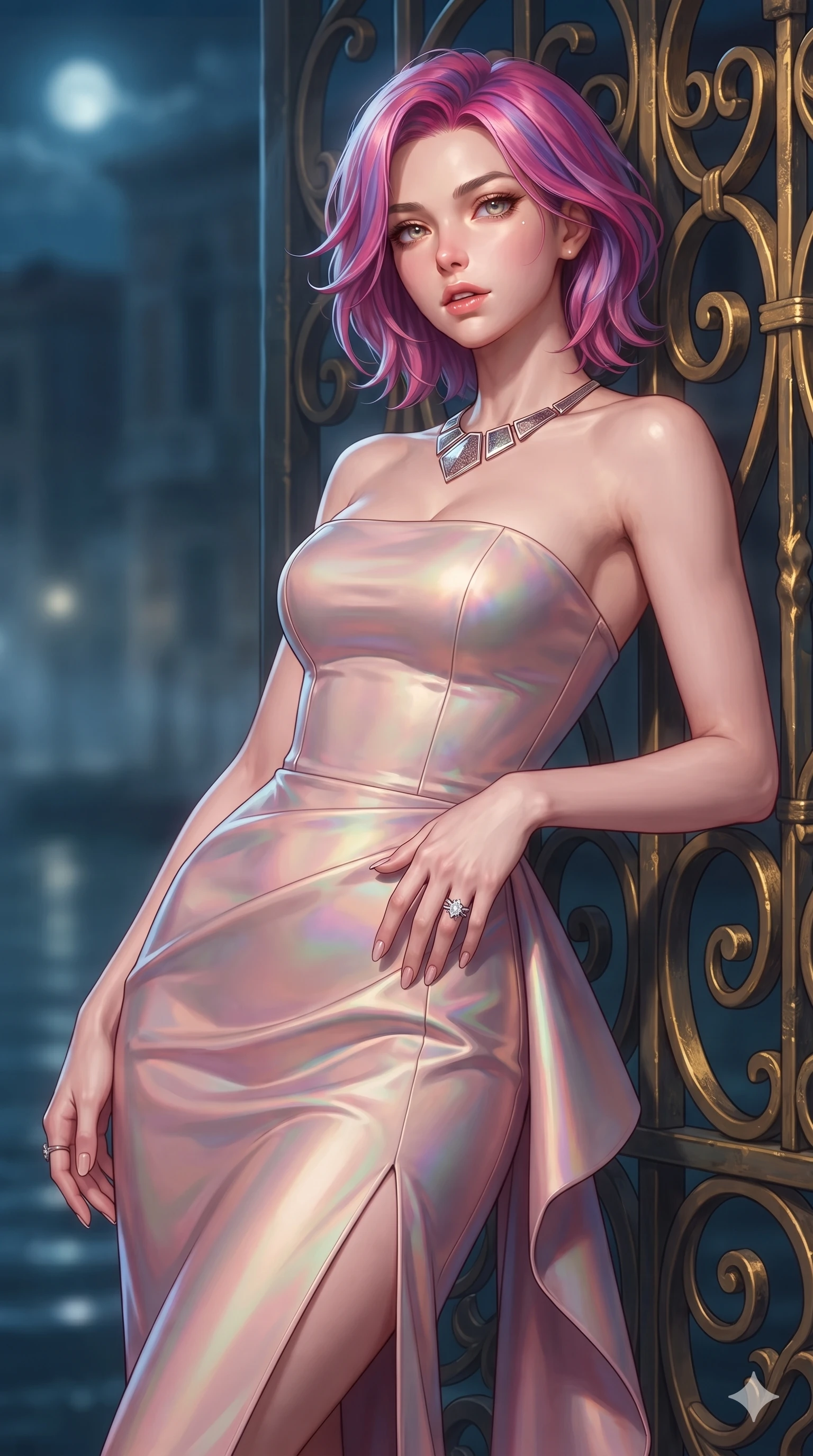 score_9, masterpiece, best quality, ultra-detailed, high-budget anime keyframe, editorial fashion photography, tasteful artistic composition, Caucasian woman. close-up cowboy shot from the waist and thighs up, the character dominates the composition, filling the frame with her large presence. resting one manicured hand delicately on her hip bone, her upper body turning in a fluid, seductive S-curve while parted lips glisten in the light while leaning against the ornate gilded wrought-iron gate with hips cocked back, looking out over the moonlit lagoon with intoxicating bedroom-eyes. The composition keeps background elements in soft focus with creamy bokeh: nocturnal canal mist softened in historic palazzo water gate shallow focus. She has an exceptionally elegant, slender, and willowy female figure with an ultra-slim waist, flat toned midriff, narrow ribcage, and sculpted feminine hips creating an alluring, slim hourglass silhouette without bulk. sharp v-shaped jawline, high-bridge nose, intricate jewel-like eyes with depth, thick eyelashes, glossy parted lips with a natural sheen, intensely captivating and seductive bedroom-eyes expression, flawlessly proportioned anatomical accuracy, strict slender model proportions, natural body alignment, perfectly sculpted long slender limbs, ultra-slim waistline, clean dynamic posture without body distortion. wearing a strapless column evening dress in heavy stretch silk with subtle boned bustier support and side slit in prismatic rose-quartz and alien peach, tailored from heavy Italian silk mikado with an architectural structured drape, complemented by a bold geometric choker and sparkling cocktail ring, the bespoke structured tailoring following the natural line of her 8.5-heads silhouette with refined elegance. illuminated by water reflection bounce and sharp cyan-amber rim lights defining her jawline, narrow waist, and curvy hips. ultra-reflective glossy finish, specular highlights, rich textural contrasts, high-contrast stereoscopic depth, volumetric dynamic lighting, 2k, ultra detail, master piece, 9:16 ratio