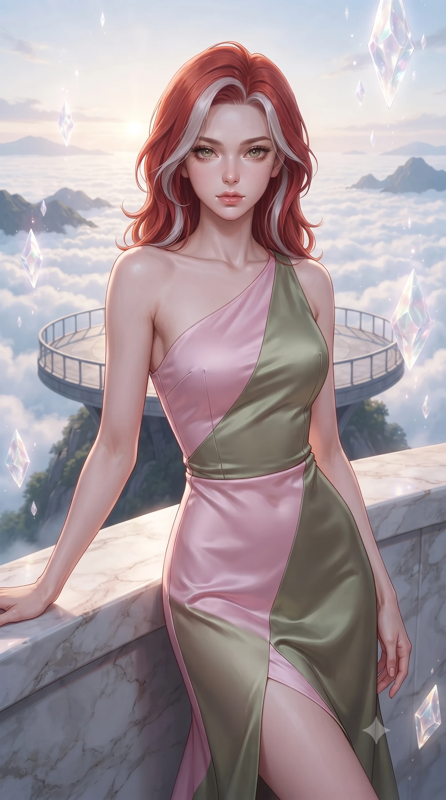 score_9, masterpiece, best quality, ultra-detailed, high-budget anime keyframe, editorial fashion photography, tasteful artistic composition, Caucasian woman, strictly human ears. close-up cowboy shot from the waist and thighs up, the character dominates the composition, filling the frame with her large presence, background elements kept in soft focus. Resting one arm elegantly against a surface with a poised relaxed stance. set against a soft-focus background of an open circular observation platform jutting out from a mountain peak above the cloud layer at sunrise with the vast white cloud sea stretching to every horizon and distant peaks emerging like islands. She has an exceptionally elegant and slender, willowy female figure with an ultra-slim waist, a gracefully sculpted slender torso, and a refined slim physique. sharp v-shaped jawline, high-bridge nose, intricate jewel-like eyes with depth, thick eyelashes, glossy lips with a natural sheen. wearing a sleek asymmetric one-shoulder dress in pastel pink and olive green silk, following her slender frame with sharp lines. ethereal pearlescent light emanating from floating crystalline formations all around. 2k, ultra detail, master piece, 9:16 ratio