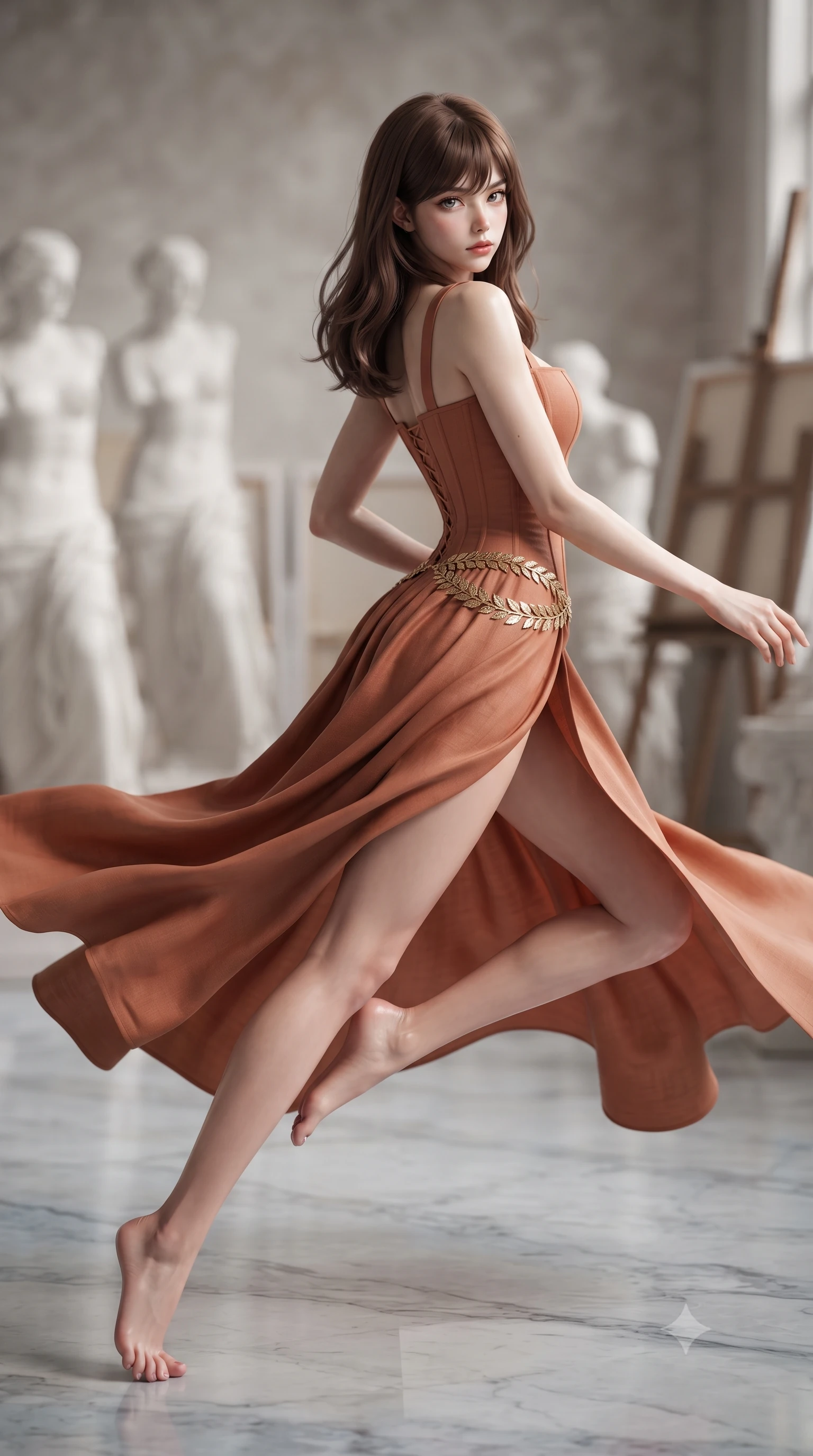 score_9, masterpiece, best quality, ultra-detailed, high-budget anime keyframe, editorial fashion photography, tasteful artistic composition, Korean woman. low angle full-body shot from head to toe showing her feet, filling the entire 9:16 vertical frame with her statuesque presence, stretching her vertical silhouette. executing an elegant mid-motion pivot turn as garments swirl around her slender limbs, glancing over her shoulder with an intoxicating bedroom-gaze while lying languidly on the polished marble studio floor, legs extended in an alluring dancer line as north light pours over her form. The composition keeps background elements in soft focus with creamy bokeh. towering plaster neoclassical statues and canvas easel silhouettes blurred into creamy alabaster, charcoal, and warm stone bokeh. She has an absolutely perfect, statuesque 8.5-heads proportion, an exceptionally tall and slender model-like female figure with impossibly long slender legs, a toned flat midriff, an ultra-slim waist, and beautifully sculpted feminine hips. sharp v-shaped jawline, high-bridge nose, intricate jewel-like eyes with depth, thick eyelashes, glossy parted lips with a natural sheen, intensely captivating and seductive bedroom-eyes expression, flawlessly proportioned anatomical accuracy, strict slender model proportions, natural body alignment, perfectly sculpted long slender limbs, ultra-slim waistline, clean dynamic posture without body distortion. wearing a Renaissance-inspired boned corset bodice gown with exposed clavicle and sculpted hip boning in terracotta clay and natural linen ivory, tailored from crisp structured cotton poplin with fine drapery folds, accented with a delicate golden laurel leaf waist chain framing the curve of her hips, the form-contouring material adhering flawlessly to her sculpted flat midriff and slender torso, emphasizing her long leg lines and perfectly proportioned willowy build. illuminated by crisp sculptural key lighting carving her narrow waist, curved hips, and statuesque limbs. ultra-reflective glossy finish, specular highlights, rich textural contrasts, high-contrast stereoscopic depth, volumetric dynamic lighting, 2k, ultra detail, master piece, 9:16 ratio