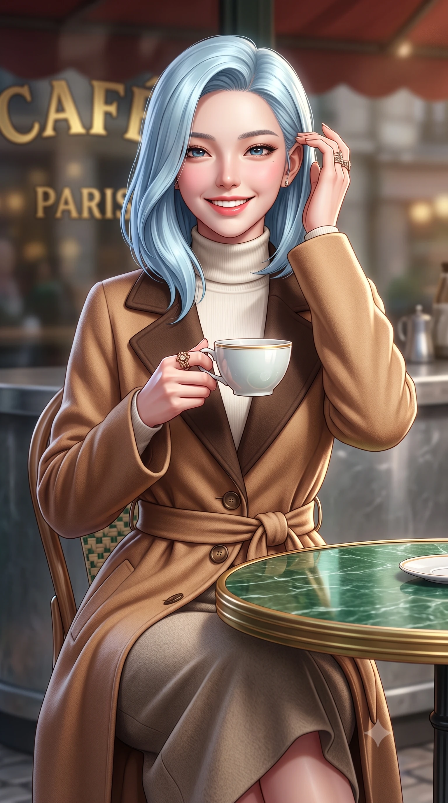score_9, masterpiece, best quality, ultra-detailed, high-budget anime keyframe, semi-realistic 3D game render, editorial fashion photography, tasteful artistic composition, Korean woman. close-up cowboy shot from the waist and thighs up, the character dominates the composition, filling the frame with her large presence. gently brushing a lock of hair behind her ear with one hand while flashing a radiant, joyful smile while sitting poised at a round green marble bistrot table beneath the heated cafe awning, cradling a porcelain cup with a radiant French smile. The background shows a soft-focus brass café lettering on glass softened in romantic Left Bank intellectual shallow focus. She has an exceptionally elegant, slender, and willowy female figure with an ultra-slim waist, flat toned midriff, narrow ribcage, and sculpted feminine hips creating an alluring, slim hourglass silhouette without bulk. sharp v-shaped jawline, high-bridge nose, intricate jewel-like sparkling eyes with depth, thick eyelashes, glossy parted lips with a natural peach sheen, bright cheerful beaming smile with an enchanting and coquettish sensual glint, exuding both youthful cute charm and seductive allure, flawlessly proportioned anatomical accuracy, strict slender model proportions, natural body alignment, perfectly sculpted long slender limbs, ultra-slim waistline, clean dynamic posture without body distortion. wearing a luxurious longline cashmere cardigan coat with a belted waist worn over an ivory turtleneck and wool midi skirt in Saint-Germain camel wool and warm espresso, made of luxurious brushed wool flannel with rich textural depth and clean structure, featuring delicate tonal horn buttons and meticulous hand-stitched pick-lapel borders, the streamlined silhouette following her natural slender proportions with sophisticated poise, enhancing her tall willowy presence. illuminated by zinc counter and marble tabletop bounce with delicate platinum rim lights sculpting her features and slender waist. highly saturated vibrant anime colors, detailed shading with soft gradients, rich glossy textures, high-contrast stereoscopic depth, volumetric dynamic lighting, master piece, 9:16 ratio
