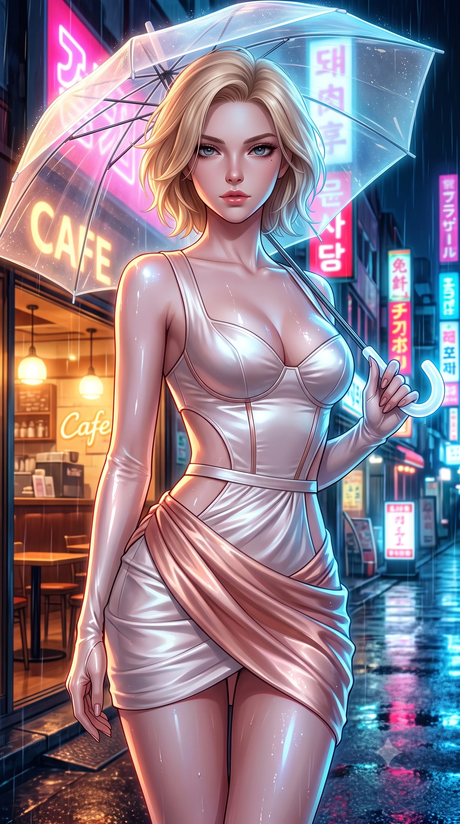 score_9, masterpiece, best quality, ultra-detailed, high-budget anime keyframe, editorial fashion photography, tasteful artistic composition, Caucasian woman. close-up cowboy shot from the waist and thighs up, the character dominates the composition, filling the frame with her large presence, background elements kept in soft focus. Leaning slightly forward with a composed, seductive gaze under soft glowing light holding a glowing translucent umbrella under vibrant neon street signs at night, warm indoor cafe glow contrasting beautifully with cool rainy street lighting. She has an exceptionally elegant, slender, and willowy female figure with an ultra-slim waist, a gracefully sculpted slender torso, and a refined silhouette. sharp v-shaped jawline, high-bridge nose, intricate jewel-like eyes with depth, thick eyelashes, glossy lips with a natural sheen. wearing a modern fusion silk hanbok dress with a structured bodice in pearl white and rose gold, crafted from lustrous satin jersey with fluid draping, featuring clean architectural cutouts along her slender torso, the glove-like fit emphasizing her statuesque silhouette. drenched in wet neon reflections with brilliant specular highlights on her silhouette. highly saturated vibrant anime colors, detailed shading with soft gradients, rich glossy textures, high-contrast stereoscopic depth, volumetric dynamic lighting, master piece, 9:16 ratio