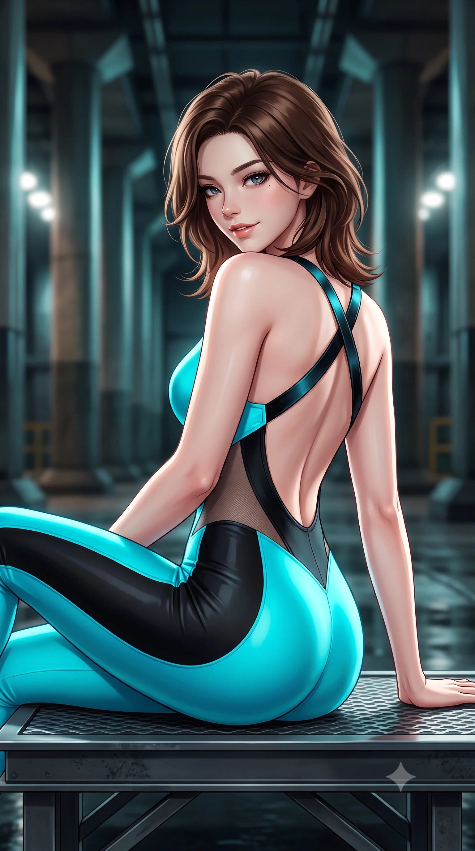 score_9, masterpiece, best quality, ultra-detailed, high-budget anime keyframe, semi-realistic 3D game render, editorial fashion photography, tasteful artistic composition, Korean woman. close-up cowboy shot from the waist and thighs up, the character dominates the composition, filling the frame with her large presence. turning over a bare shoulder with an intoxicating, teasing smile, her soft hair framing her sharp jawline as her hips angle gracefully while reclining on a raised steel inspection platform propped on one elbow, her slender waist and feminine curves sculpted by architectural spotlights. The composition keeps background elements in soft focus with creamy bokeh. endless rows of colossal architectural concrete pillars and industrial floodlights blurred into cool teal, tungsten, and dark obsidian bokeh. She has an exceptionally elegant, slender, and willowy female figure with an ultra-slim waist, flat toned midriff, narrow ribcage, and sculpted feminine hips creating an alluring, slim hourglass silhouette without bulk. sharp v-shaped jawline, high-bridge nose, intricate jewel-like eyes with depth, thick eyelashes, glossy parted lips with a natural sheen, intensely captivating and seductive bedroom-eyes expression, flawlessly proportioned anatomical accuracy, strict slender model proportions, natural body alignment, perfectly sculpted long slender limbs, ultra-slim waistline, clean dynamic posture without body distortion. wearing a second-skin compression catsuit with an open back and sheer mesh side waist contouring in neon electric cyan and lacquer black, tailored from liquid silk jersey adhering flawlessly to her slender build, finished with criss-cross back satin straps highlighting her graceful shoulder blades, the second-skin form-contouring cut accentuating her sculpted flat midriff, narrow delicate ribcage, and gracefully curvy hips with supermodel precision. illuminated by wet floor specular reflections sharply carving her razor-sharp jawline, narrow waist, and curvy hips. highly saturated vibrant anime colors, detailed shading with soft gradients, rich glossy textures, high-contrast stereoscopic depth, volumetric dynamic lighting, master piece, 9:16 ratio