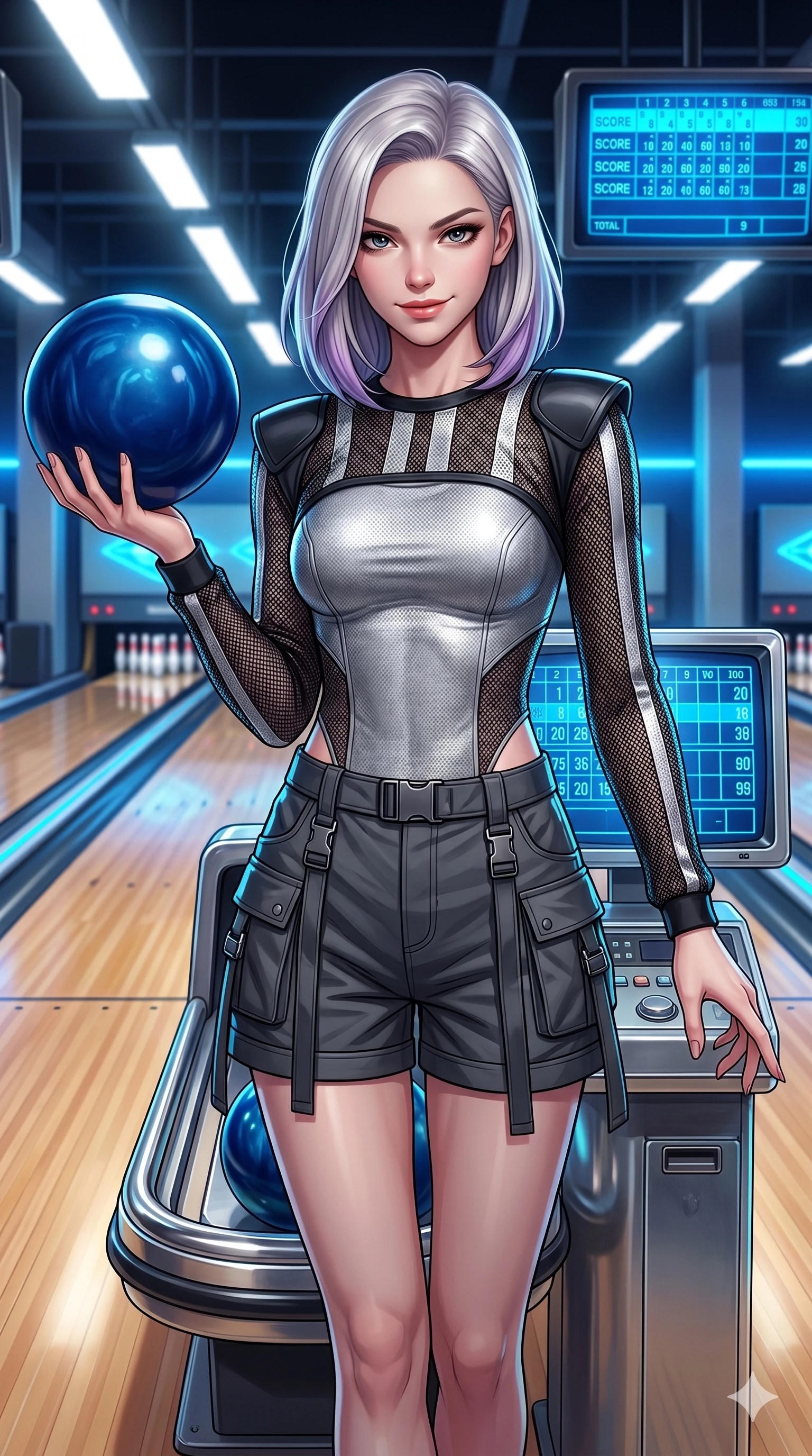 score_9, masterpiece, best quality, ultra-detailed, high-budget anime keyframe, editorial fashion photography, tasteful artistic composition, Caucasian woman, strictly human ears. Upper body close-up from the thighs up, character filling the screen for maximum presence. Standing next to a retro bowling game console, holding a ball, preparing to roll the ball with a playful, challenging smile. She is wearing a sporty cropped top over a silver bodice, and dark utility shorts. The scene is lit by the bright white lane lights and blue scoring monitors. 2k, ultra detail, master piece, 9:16 ratio