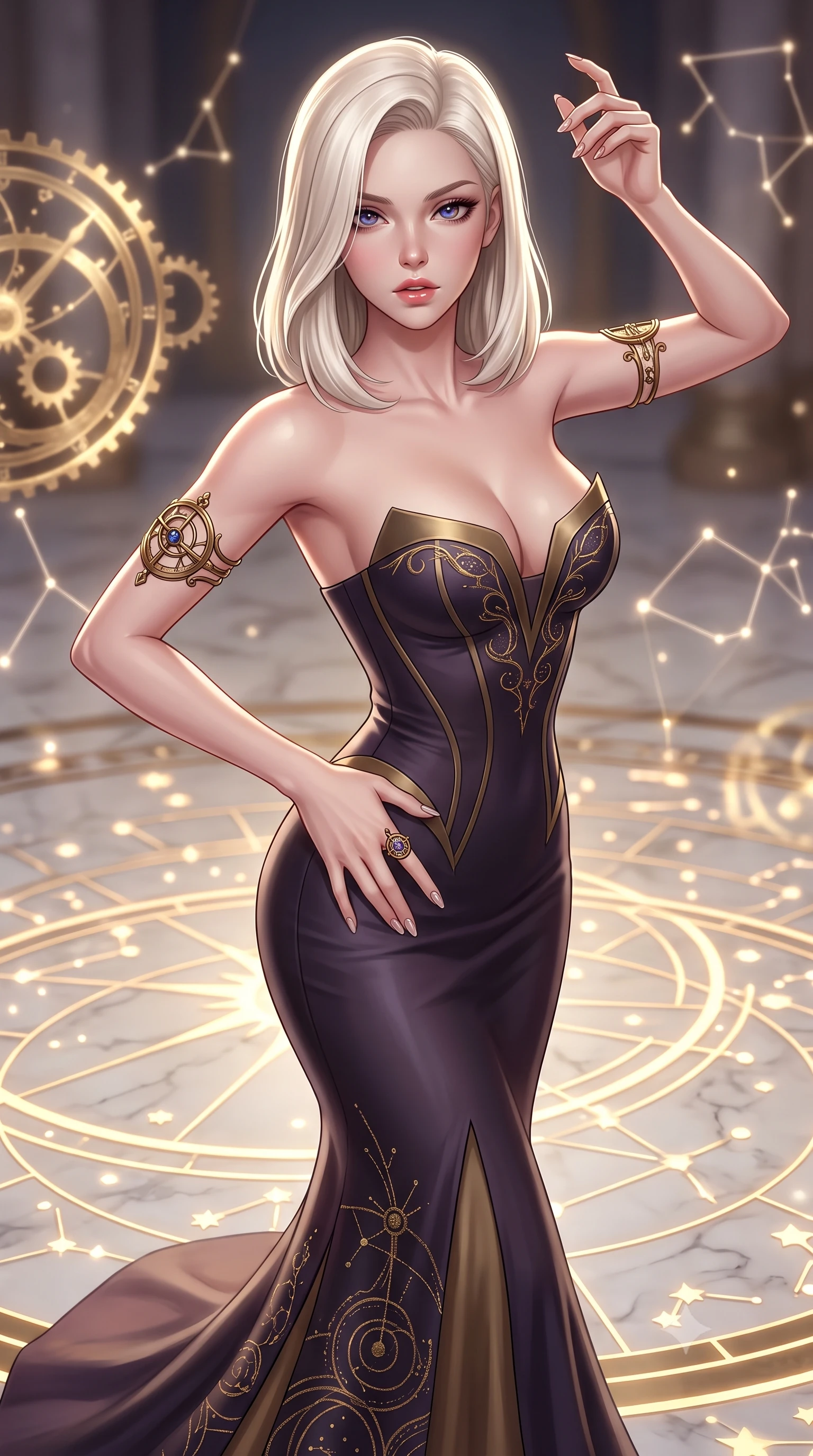 score_9, masterpiece, best quality, ultra-detailed, high-budget anime keyframe, semi-realistic 3D game render, editorial fashion photography, tasteful artistic composition, Caucasian woman. close-up cowboy shot from the waist and thighs up, the character dominates the composition, filling the frame with her large presence. resting one manicured hand delicately on her hip bone, her upper body turning in a fluid, seductive S-curve while parted lips glisten in the light while striding across the illuminated marble star-chart floor, hips swaying with sovereign cosmic empress charisma. The composition keeps background elements in soft focus with creamy bokeh. glowing brass astrolabe gears and constellation hologram lines softened in romantic shallow focus. She has an exceptionally elegant, slender, and willowy female figure with an ultra-slim waist, a gracefully sculpted slender torso, toned flat midriff, and rounded feminine hips creating an alluring hourglass silhouette. sharp v-shaped jawline, high-bridge nose, intricate jewel-like eyes with depth, thick eyelashes, glossy parted lips with a natural sheen, intensely captivating and seductive bedroom-eyes expression, flawlessly proportioned anatomical accuracy, strict slender model proportions, natural body alignment, perfectly sculpted long slender limbs, ultra-slim waistline, clean dynamic posture without body distortion. wearing a midnight silk crepe mermaid gown featuring an architectural strapless neckline and bodycon hip hug in dusky celestial plum and antique brass gold, tailored from fluid silk crepe with delicate inner corsetry boning, accessorized with an intricate brass astrolabe armlet and sapphire ring, the liquid-tight tailored fabric clinging flawlessly to her narrow waist and rounded feminine hips, emphasizing every millimeter of her sculpted hourglass curves during movement. illuminated by starlight edge lights carving her slender waist, bare collarbones, and feminine hip line. highly saturated vibrant anime colors, detailed shading with soft gradients, rich glossy textures, high-contrast stereoscopic depth, volumetric dynamic lighting, master piece, 9:16 ratio