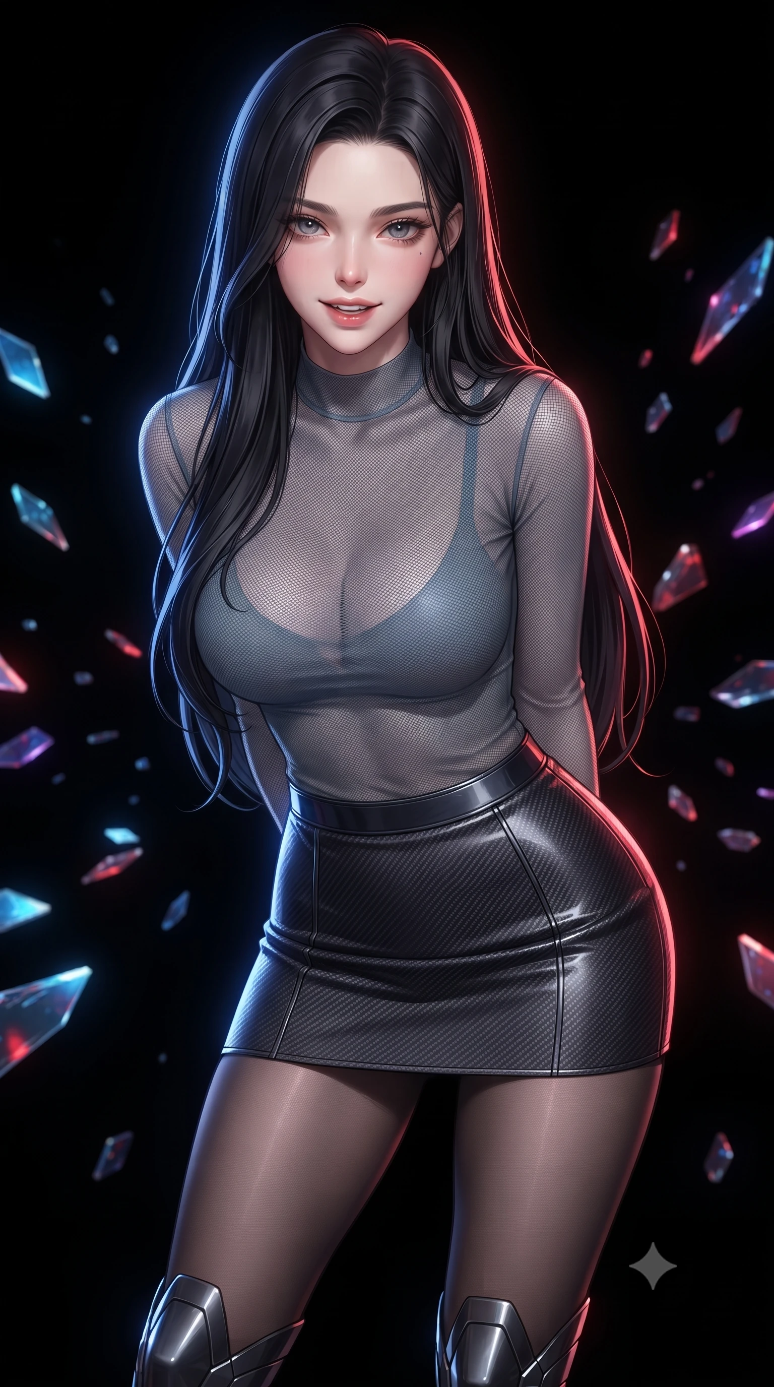 score_9, masterpiece, best quality, ultra-detailed, high-budget anime keyframe, editorial fashion photography, tasteful artistic composition, Korean woman. close-up cowboy shot from the waist and thighs up, the character dominates the composition, filling the frame with her large presence, background elements kept in soft focus. leaning slightly forward with a playful, teasing smile, her gaze locked onto the viewer with lips parted in a composed pose, the background shows a soft-focus a digital combat arena with glowing data-shards floating in a pitch-black void. She has an exceptionally elegant, slender, and willowy female figure with an ultra-slim waist, a gracefully sculpted slender torso, and a refined silhouette. sharp v-shaped jawline, high-bridge nose, intricate jewel-like eyes with depth, thick eyelashes, glossy lips with a natural sheen. wearing a body-hugging semi-transparent mesh top in slate grey, paired with a carbon-fiber mini skirt and sheer stockings. the vibrant light of the data-shards casting a colorful, dramatic rim light. ultra-reflective glossy finish, specular highlights, metallic sheen, high-contrast stereoscopic depth, volumetric dynamic lighting, 2k, ultra detail, master piece, 9:16 ratio