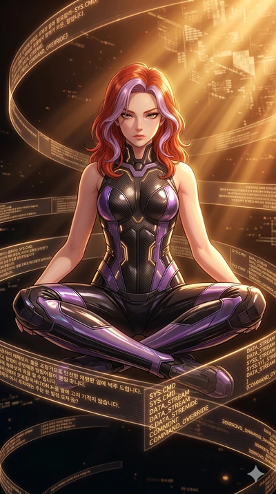 score_9, masterpiece, best quality, ultra-detailed, high-budget anime keyframe, Caucasian woman, strictly human ears. Upper body close-up from the thighs up, character filling the screen for maximum presence. Inside a digital void, surrounded by floa