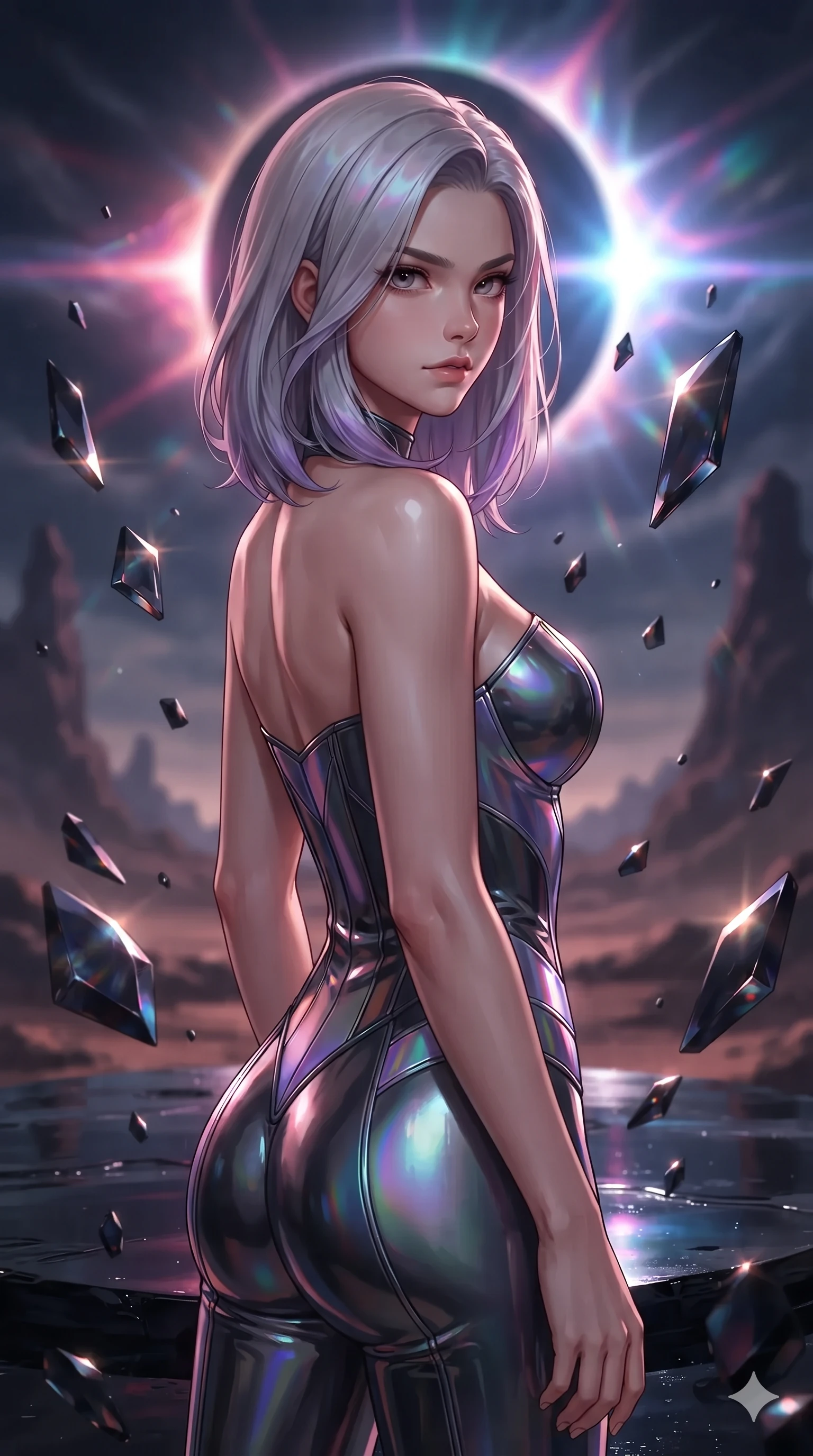score_9, masterpiece, best quality, ultra-detailed, high-budget anime keyframe, editorial fashion photography, tasteful artistic composition, Caucasian woman. close-up cowboy shot from the waist and thighs up, the character dominates the composition, filling the frame with her large presence. posing in an alluring rear three-quarter angle, looking over a bare shoulder with heavy-lidded sparkling eyes, her hips cocked back to highlight her slim hourglass curve while standing poised on a polished black platform as hundreds of geometric obsidian shards hover silently in mid-air, arching her spine with ethereal siren poise. The background shows a soft-focus atmospheric coronal ionization glow softened in eclipsed alien desert shallow focus. She has an exceptionally elegant, slender, and willowy female figure with an ultra-slim waist, flat toned midriff, narrow ribcage, and sculpted feminine hips creating an alluring, slim hourglass silhouette without bulk. sharp v-shaped jawline, high-bridge nose, intricate jewel-like sparkling eyes with depth, thick eyelashes, glossy parted lips with a natural sheen, bright confident smile with an enchanting and coquettish sensual glint, exuding both youthful magnetic charm and sovereign high-tech allure, flawlessly proportioned anatomical accuracy, strict slender model proportions, natural body alignment, perfectly sculpted long slender limbs, ultra-slim waistline, clean dynamic posture without body distortion. wearing a dense tactical compression bodysuit with sweetheart neckline contouring her delicate ribcage and feminine hips in iridescent dark chrome and holographic violet, tailored from ultra-reflective glossy liquid vinyl with mirror-like specular highlights, accented with a sleek utility belt with polished magnetic canisters resting loosely on her curvy hips, the bespoke structured tailoring following the natural line of her 8.5-heads silhouette with refined elegance. bathed in the dramatic high-contrast diamond corona brilliance of the twin solar eclipse casting sharp dramatic shadows. ultra-reflective glossy finish, specular highlights, rich textural contrasts, high-contrast stereoscopic depth, volumetric dynamic lighting, 2k, ultra detail, master piece, 9:16 ratio