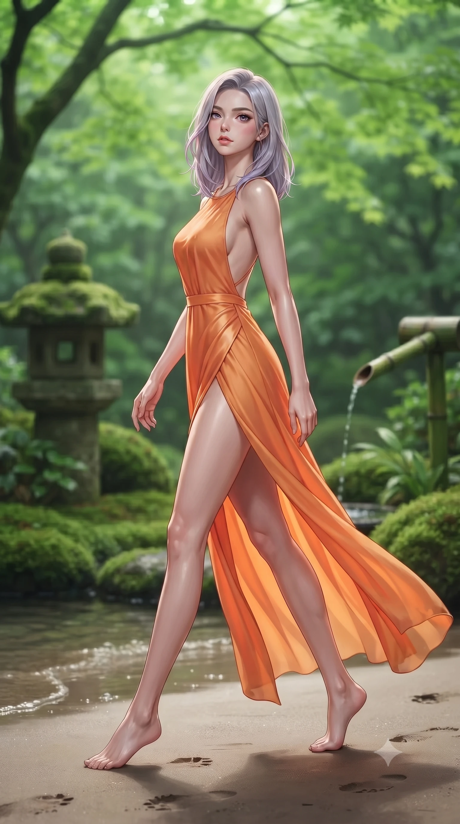 score_9, masterpiece, best quality, ultra-detailed, high-budget anime keyframe, editorial fashion photography, tasteful artistic composition, Caucasian woman woman. low angle full-body shot from head to toe showing her feet, filling the entire 9:16 vertical frame with her statuesque presence, stretching her vertical silhouette. walking slowly along the shoreline, leaving footprints in the wet sand the background shows a soft-focus a green moss garden of a traditional Zen temple, with stone lanterns and bamboo water pipes. She has an absolutely perfect, statuesque 8.5-heads proportion, an exceptionally tall and slender model-like female figure with impossibly long slender legs and an ultra-slim waist. sharp v-shaped jawline, high-bridge nose, intricate jewel-like eyes with depth, thick eyelashes, glossy lips with a natural sheen. wearing a tailored high-slit resort gown in sunset orange chiffon, featuring a daring thigh-slit and open back. soft, diffused green light filtering through the maple tree canopy. ultra-reflective glossy finish, specular highlights, metallic sheen, high-contrast stereoscopic depth, volumetric dynamic lighting, 2k, ultra detail, master piece, 9:16 ratio