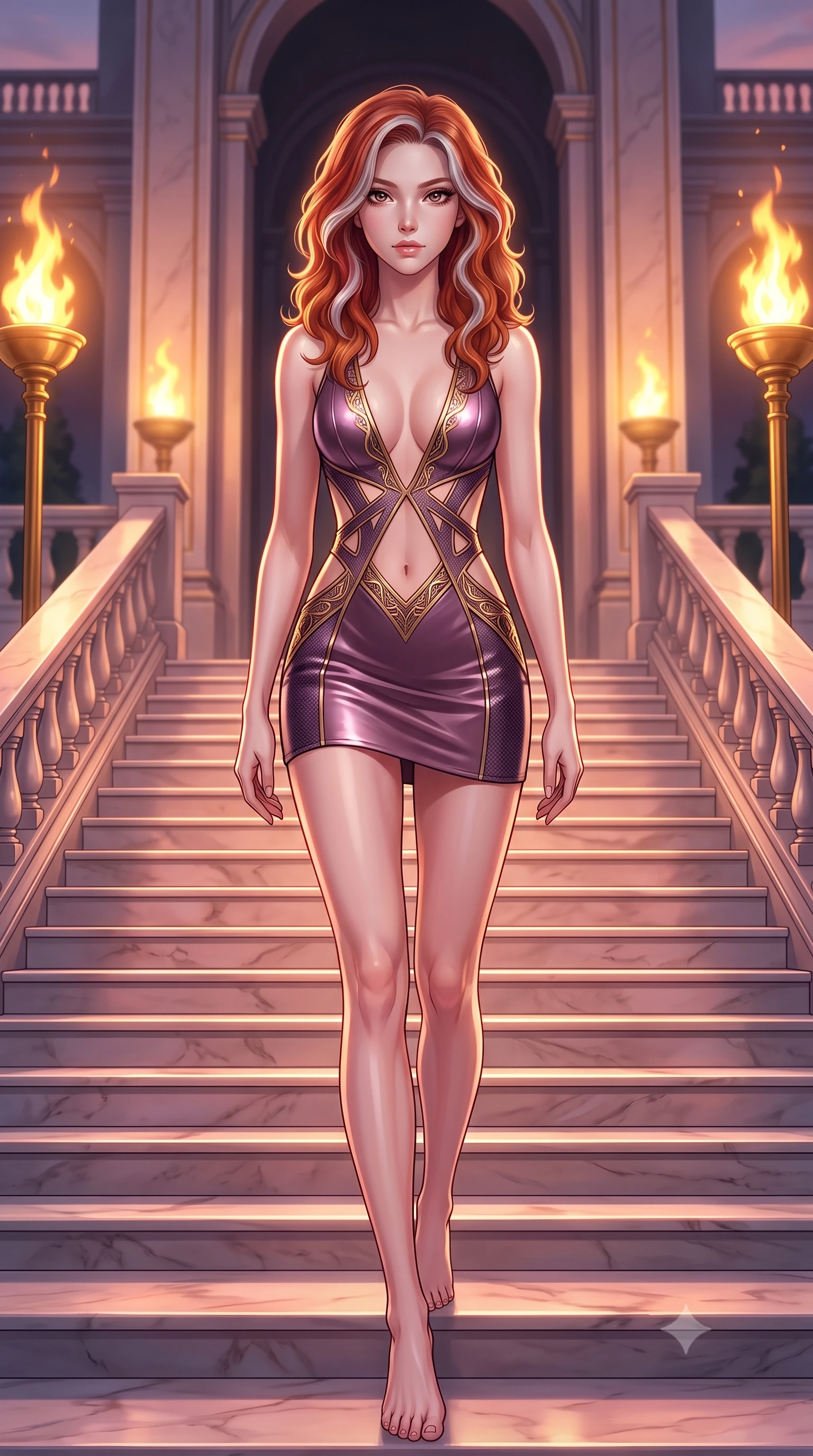 score_9, masterpiece, best quality, ultra-detailed, high-budget anime keyframe, editorial fashion photography, tasteful artistic composition, Caucasian woman. low angle full-body shot from head to toe showing her feet, filling the entire 9:16 vertical frame with her statuesque presence, stretching her vertical silhouette. stepping forward with proud posture, filling the vertical frame with her magnetic presence descending a grand marble staircase flanked by golden torch flames at dusk, soft rose-gold and amber sunset light reflecting off polished marble. She has an absolutely perfect, statuesque 8.5-heads proportion, an exceptionally tall and slender model-like female figure with impossibly long slender legs and an ultra-slim waist. sharp v-shaped jawline, high-bridge nose, intricate jewel-like eyes with depth, thick eyelashes, glossy lips with a natural sheen. wearing a liquid mercury gloss mini dress with ultra-deep V-neck and waist cutouts in plum purple and gold filigree, made of fine carbon-fiber weave and soft matte leather, featuring subtle geometric cutouts that highlight her ultra-slim midriff, the form-contouring material highlighting her ultra-slim waist and long lines. lit by brilliant warm key light softening into smooth, elegant gradients. highly saturated vibrant anime colors, detailed shading with soft gradients, rich glossy textures, high-contrast stereoscopic depth, volumetric dynamic lighting, master piece, 9:16 ratio