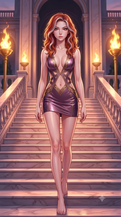 score_9, masterpiece, best quality, ultra-detailed, high-budget anime keyframe, editorial fashion photography, tasteful artistic composition, Caucasian woman. low angle full-body shot from head to toe showing her feet, filling the entire 9:16 vertica