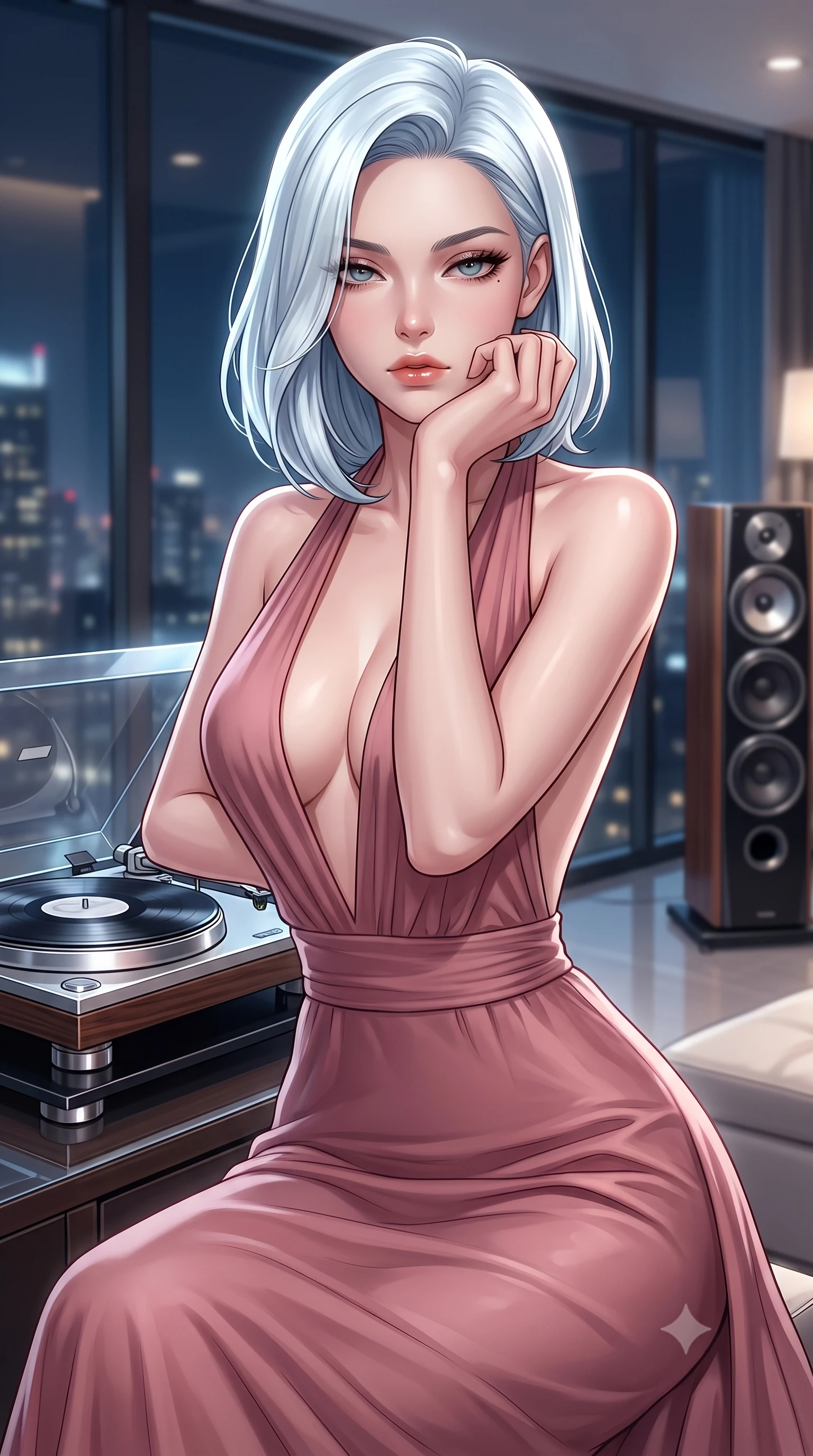 score_9, masterpiece, best quality, ultra-detailed, high-budget anime keyframe, editorial fashion photography, tasteful artistic composition, Korean woman. close-up cowboy shot from the waist and thighs up, the character dominates the composition, filling the frame with her large presence, background elements kept in soft focus. resting her chin on the backs of her fingers, casting a heavy-lidded, sultry look past the camera the background shows a soft-focus a luxury penthouse lounge with a modern turntable and high-end audio speakers. She has an exceptionally elegant, slender, and willowy female figure with an ultra-slim waist, a gracefully sculpted slender torso, and a refined silhouette. sharp v-shaped jawline, high-bridge nose, intricate jewel-like eyes with depth, thick eyelashes, glossy lips with a natural sheen. wearing a form-contouring deep plunging-V neck maxi dress in dusty rose chiffon with a bold halter neck and low-cut back. soft spotlighting highlighting the silk textures of her gown. ultra-reflective glossy finish, specular highlights, metallic sheen, high-contrast stereoscopic depth, volumetric dynamic lighting, 2k, ultra detail, master piece, 9:16 ratio