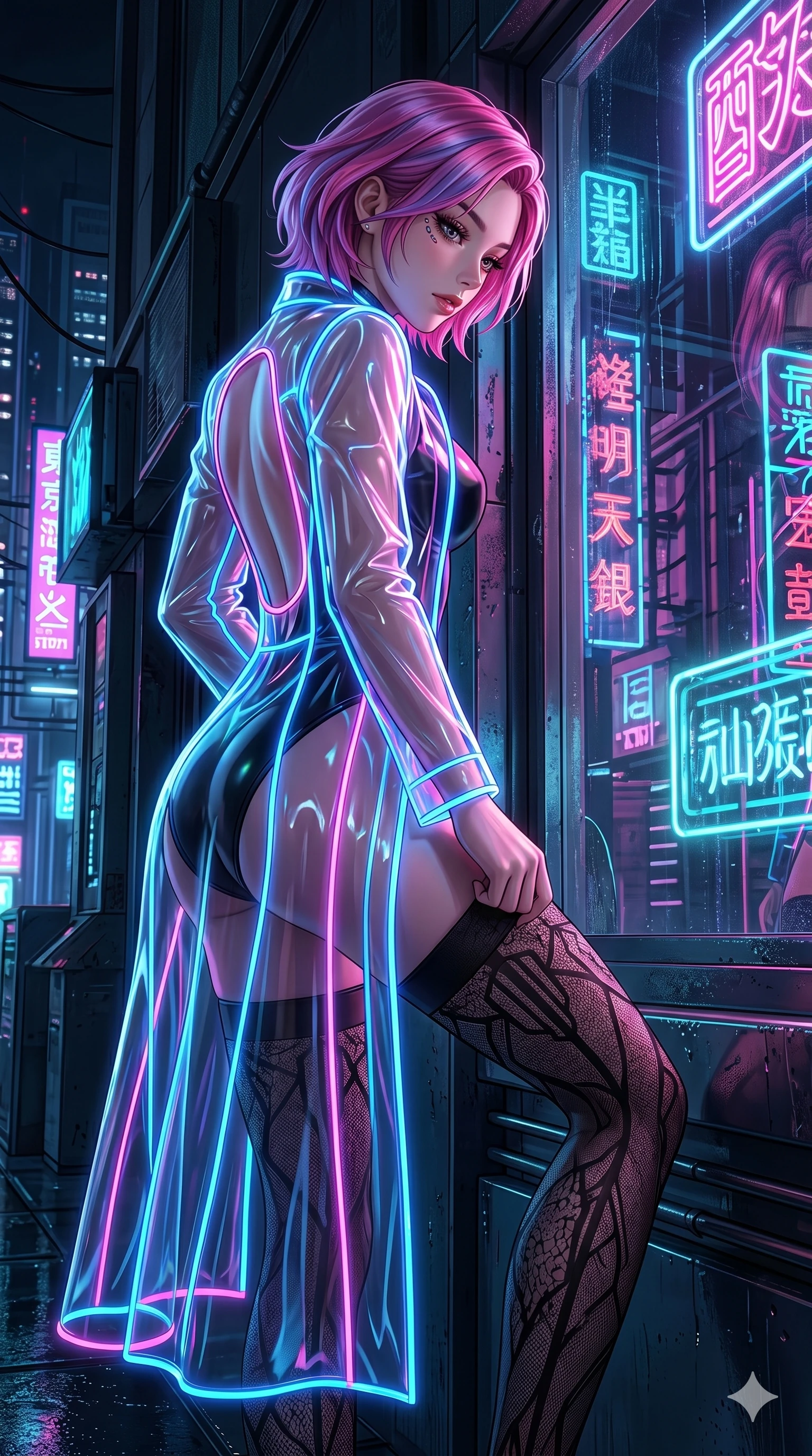 score_9, masterpiece, best quality, ultra-detailed, High-budget Anime Keyframe, East Asian woman. Low angle cowboy shot filling the entire 9:16 frame with her statuesque presence. Scenario 107: Adjusting her thigh-high stocking by a glowing neon window. Her presence is magnetic and overpowering in this high-budget anime scene. Outfit 107: A translucent PVC long with a backless design and glowing LED seams. The clothing is designed to emphasize her exceptionally tall and slender 8-heads proportion. 8-heads proportion, towering silhouette, ultra-slim waist. sharp v-shaped jawline, intricate jewel-like eyes with depth, thick eyelashes, glossy lips. 2k, ultra detail, master piece, 9:16 ratio