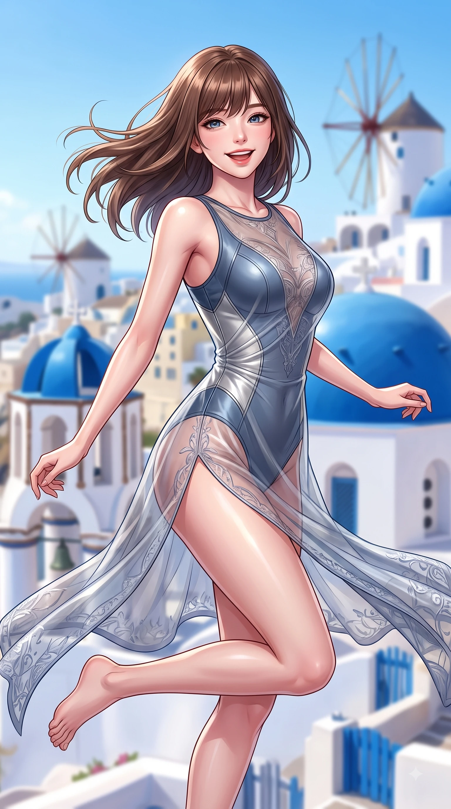 score_9, masterpiece, best quality, ultra-detailed, high-budget anime keyframe, editorial fashion photography, tasteful artistic composition, Korean woman. close-up cowboy shot from the waist and thighs up, the character dominates the composition, filling the frame with her large presence, background elements kept in soft focus. Cheerful beaming smile with parted lips, exuding pure enchanting charm while turning dynamically toward the camera while leaping playfully with a bright smile in front of iconic blue-domed churches and white windmills, fresh sea breezes swaying her lightweight resort gown into fluid, uplifting motions. She has an exceptionally elegant, slender, and willowy female figure with an ultra-slim waist, a gracefully sculpted slender torso, and a refined silhouette. sharp v-shaped jawline, high-bridge nose, intricate jewel-like eyes with depth, thick eyelashes, glossy lips with a natural sheen, flawlessly proportioned anatomical accuracy, natural body alignment, perfectly sculpted elegant limbs, clean dynamic posture without body distortion. wearing a semi-opaque sheer overlay dress over a leather micro-bodysuit in slate blue and metallic silver, formed from sleek second-skin neoprene, finished with a sleek side slit ascending to mid-thigh, the elegant draped fit framing her graceful clavicle and slender torso. surrounded by a clear, sun-drenched atmosphere with crisp cheerful highlights. highly saturated vibrant anime colors, detailed shading with soft gradients, rich glossy textures, high-contrast stereoscopic depth, volumetric dynamic lighting, master piece, 9:16 ratio