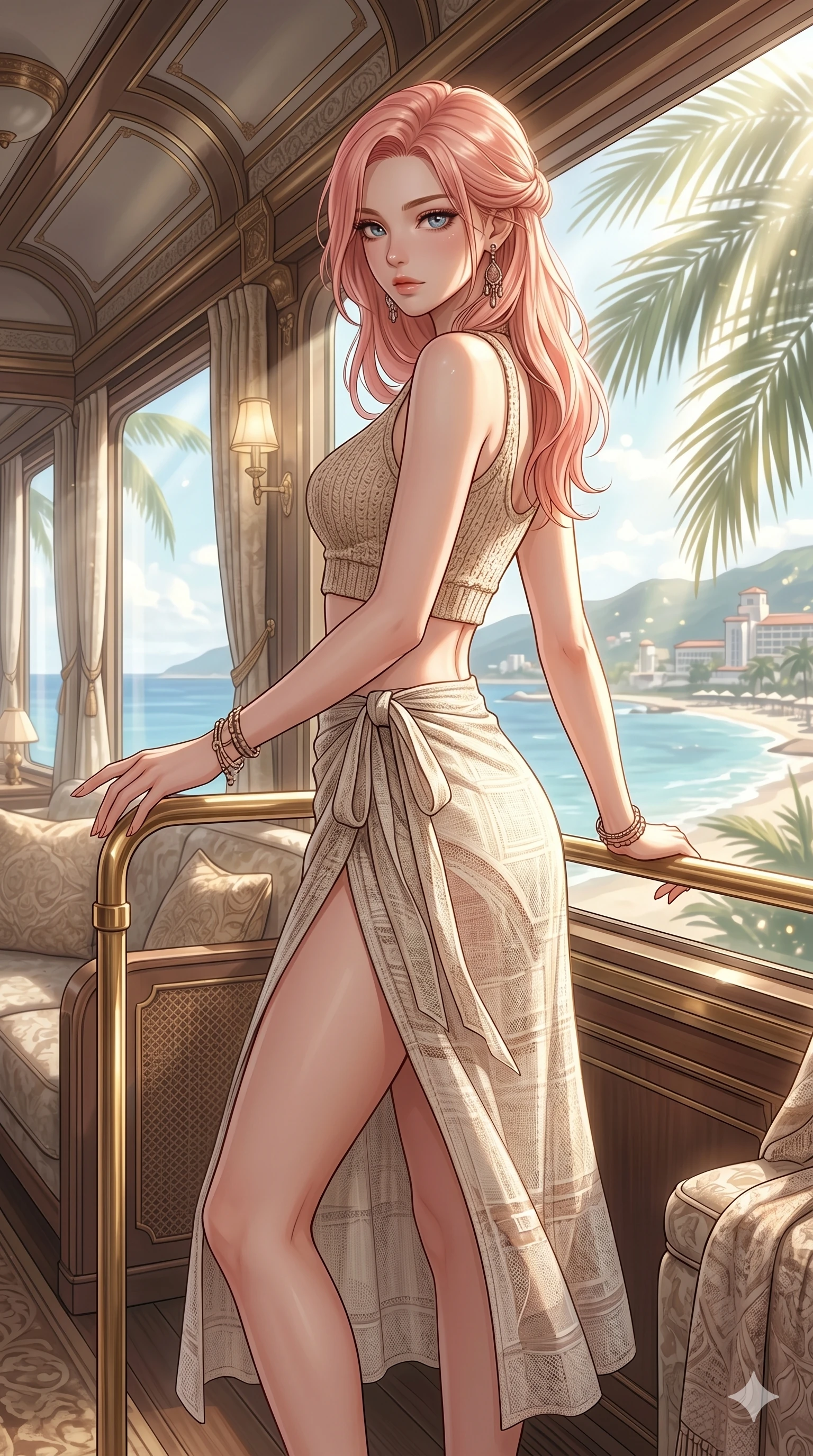 score_9, masterpiece, best quality, ultra-detailed, high-budget anime keyframe, editorial fashion photography, tasteful artistic composition, Japanese woman. cowboy shot from the thighs up, character and outfit filling the frame for maximum editorial presence. resting one hand on the pool railing, casting a slow gaze over her shoulder inside a luxury train car cabin with large windows showing the coast (Code-P19-086). She has an absolutely perfect 8-heads proportion, an exceptionally tall and slender female figure with impossibly long slender legs and an ultra-slim waist. V-shaped jawline, high-bridge nose, intricate jewel-like eyes with depth, thick eyelashes, glossy lips with a natural sheen. wearing a summer knit top with an exposed midriff and a high-slit wrap skirt in linen mesh. soft morning sunbeams filtering through the resort leaves, creating a soft glowing atmosphere. 2k, ultra detail, master piece, 9:16 ratio