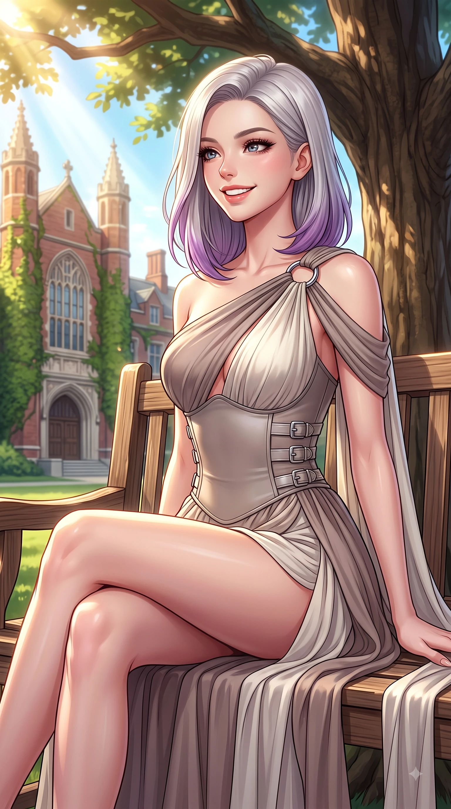 score_9, masterpiece, best quality, ultra-detailed, high-budget anime keyframe, editorial fashion photography, tasteful artistic composition, Caucasian woman. close-up cowboy shot from the waist and thighs up, the character dominates the composition, filling the frame with her large presence, background elements kept in soft focus. Radiant youthful grin reflecting college charm while casting a playful, joyful side-gaze with heavy lashes while sitting gracefully on a wooden bench under a towering oak tree on a sunlit college campus, red-brick Gothic university architecture covered in green ivy reflecting warm sunbeams. She has an exceptionally elegant, slender, and willowy female figure with an ultra-slim waist, a gracefully sculpted slender torso, and a refined silhouette. sharp v-shaped jawline, high-bridge nose, intricate jewel-like eyes with depth, thick eyelashes, glossy lips with a natural sheen, flawlessly proportioned anatomical accuracy, natural body alignment, perfectly sculpted elegant limbs, clean dynamic posture without body distortion. wearing an asymmetrical Grecian draped chiffon gown with a metallic shoulder ring in muted taupe and soft ivory, formed from sleek second-skin neoprene, detailed with polished silver buckles along the waistline, the tailored fabric tightly following every curve of her athletic build. illuminated by warm golden sunbursts and bright clear sky refractions. highly saturated vibrant anime colors, detailed shading with soft gradients, rich glossy textures, high-contrast stereoscopic depth, volumetric dynamic lighting, master piece, 9:16 ratio