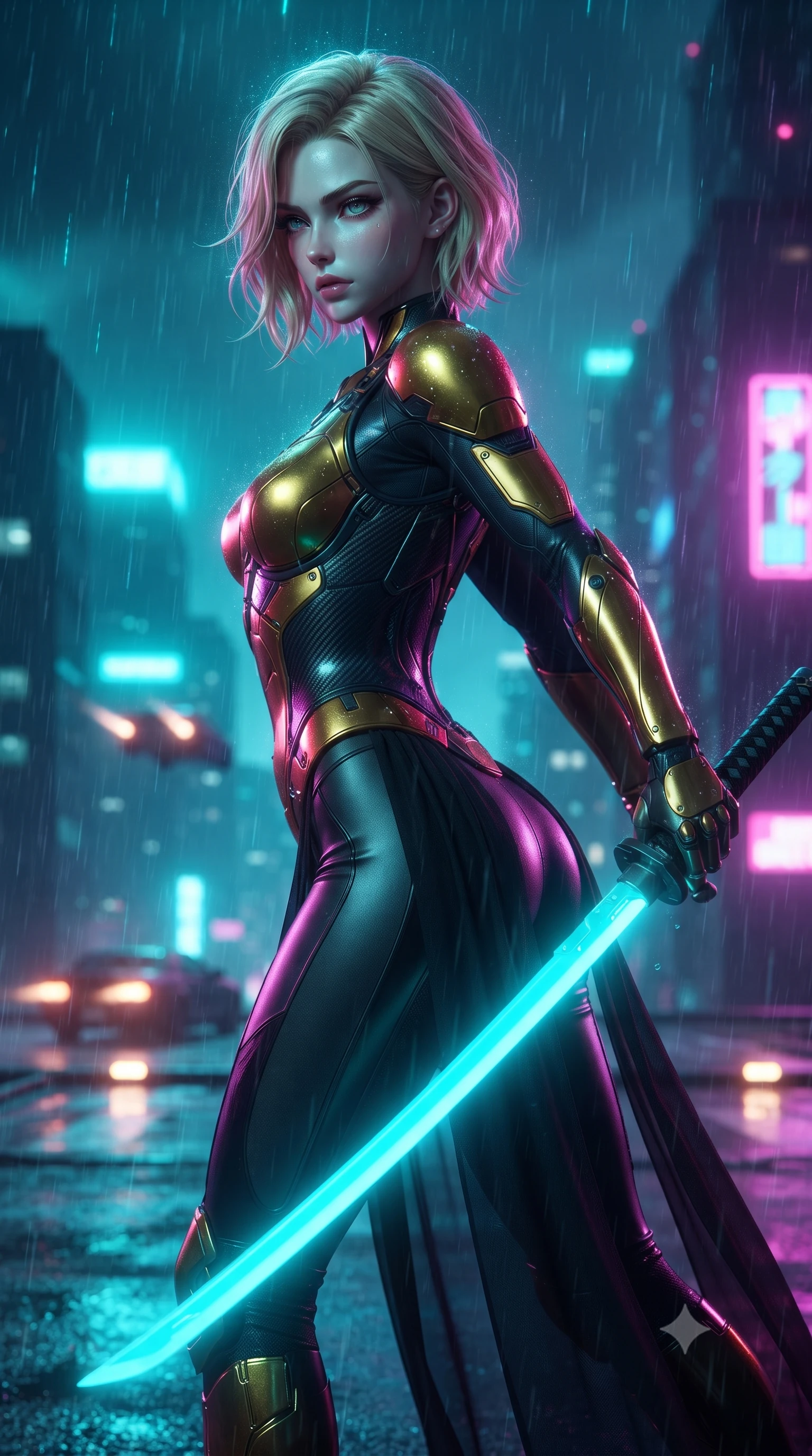 score_9, masterpiece, best quality, ultra-detailed, high-budget anime keyframe, editorial fashion photography, tasteful artistic composition, Caucasian woman. close-up cowboy shot from the waist and thighs up, the character dominates the composition, filling the frame with her large presence. stretching forward with an alluring arch of her spine, glancing over her shoulder with divine self-assurance and magnetic intensity while standing with supreme combat grace on a wet skyscraper helipad amidst heavy neon rain while drawing a glowing cyan plasma katana. The composition keeps background elements in soft focus with creamy bokeh. helipad landing lights and flying vehicle exhaust trails softened in moody shallow focus. She has an exceptionally elegant, slender, and willowy female figure with an ultra-slim waist, a gracefully sculpted slender torso, toned flat midriff, and a refined slim silhouette. sharp v-shaped jawline, high-bridge nose, intricate jewel-like eyes with depth, thick eyelashes, glossy lips with a natural sheen, flawlessly proportioned anatomical accuracy, strict slender model proportions, natural body alignment, perfectly sculpted long slender limbs, ultra-slim waistline, clean dynamic posture without body distortion. wearing a sculpted molten-gold and dark carbon cuirass paired with high-mobility combat leggings and sheer side drapes, wielding a glowing plasma energy scythe with fluid grace in glacial ice-cyan carbon mesh with pure white armor plates, crafted from ultra-strong woven carbon-fiber composite with a satin luster, finished with high-mobility articulation joints and miniature magnetic armor locks, the liquid-tight tailored fabric emphasizing every curve of her tall, slender model proportions and sculptured silhouette during dynamic movement. bathed in vivid high-contrast neon cyan and magenta city backlighting with electric blade glow. ultra-reflective glossy finish, specular highlights, dark metallic sheen, high-contrast stereoscopic depth, volumetric dynamic lighting, 2k, ultra detail, master piece, 9:16 ratio