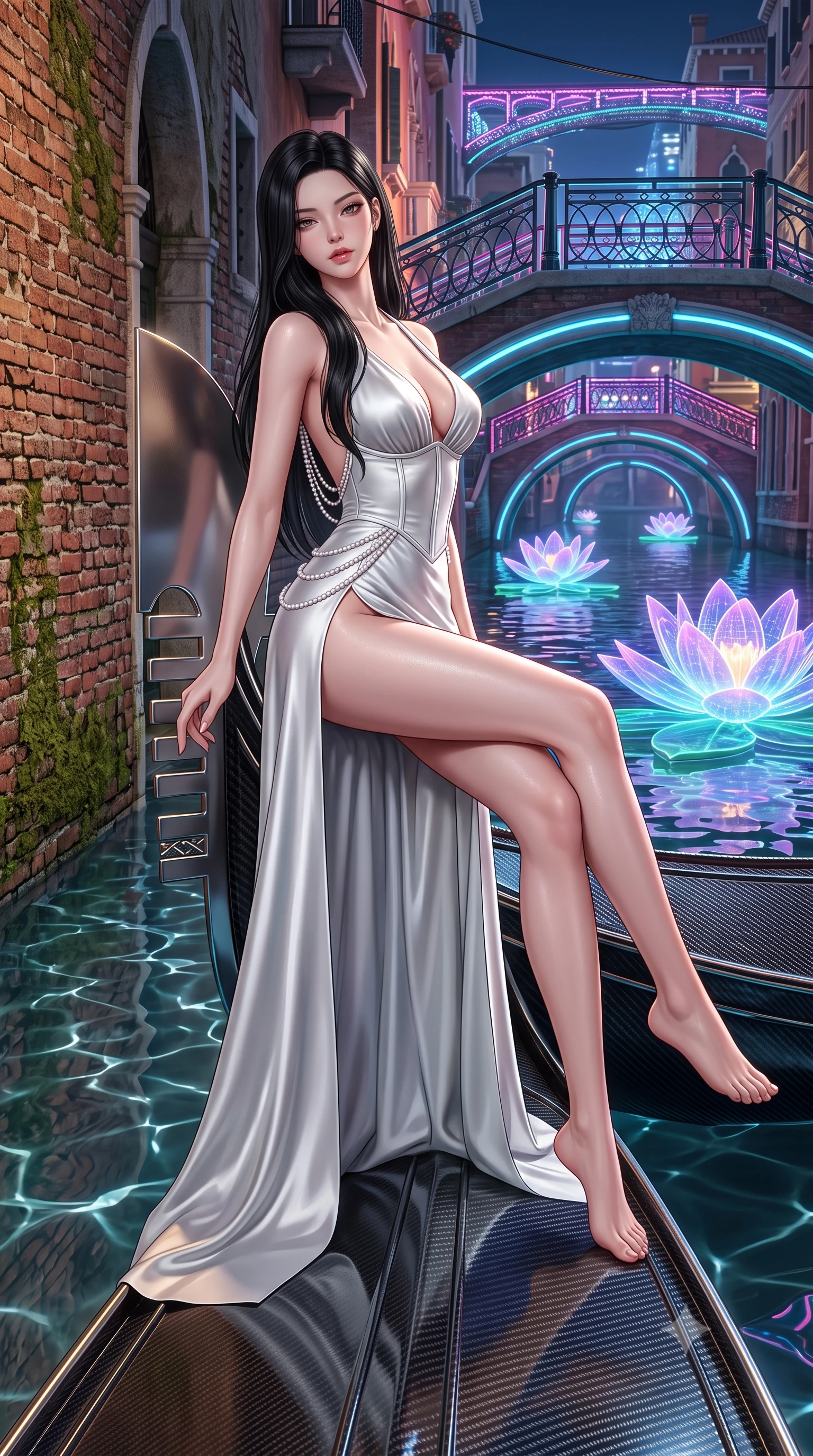 score_9, masterpiece, best quality, ultra-detailed, high-budget anime keyframe, semi-realistic 3D game render, editorial fashion photography, tasteful artistic composition, Korean woman. low angle full-body shot from head to toe showing her feet, filling the entire 9:16 vertical frame with her statuesque presence, stretching her vertical silhouette. sitting perched on the elevated edge with hips angled toward the camera and legs crossed, displaying her toned midriff and flawlessly sculpted slender limbs while standing on the sleek composite prow of an electric hydrofoil gondola, arching her back as neon-lit bridges and holographic water lilies glide past. The surrounding environment is rendered in vivid detail and crisp panoramic clarity. sharp canal waterline caustics, polished carbon-fiber gondola prow, and ancient brick wall moss in deep focus. She has an exceptionally tall and slender model-like 8.5-heads proportion, an ultra-slim waist, a flat toned midriff, narrow delicate ribcage, and beautifully sculpted feminine hips creating a graceful, slim hourglass silhouette without any bulky heaviness, with impossibly long slender legs. sharp v-shaped jawline, high-bridge nose, intricate jewel-like eyes with depth, thick eyelashes, glossy parted lips with a natural sheen, intensely captivating and seductive bedroom-eyes expression, flawlessly proportioned anatomical accuracy, strict slender model proportions, natural body alignment, perfectly sculpted long slender limbs, ultra-slim waistline, clean dynamic posture without body distortion. wearing a plunging-V neckline duchess satin gown with high side slits ascending to the high hip in shimmering silver mercury and pearl white, made of fluid silk crepe with delicate inner corsetry boning, accented with a multi-strand pearl back necklace cascading down her bare spine to her hips, the form-contouring material adhering flawlessly to her sculpted flat midriff and slender torso, emphasizing her long leg lines and perfectly proportioned willowy build. illuminated by shimmering water surface specular reflections accentuating her sculpted midriff, narrow waist, and curvy hips. highly saturated vibrant anime colors, detailed shading with soft gradients, rich glossy textures, high-contrast stereoscopic depth, volumetric dynamic lighting, master piece, 9:16 ratio