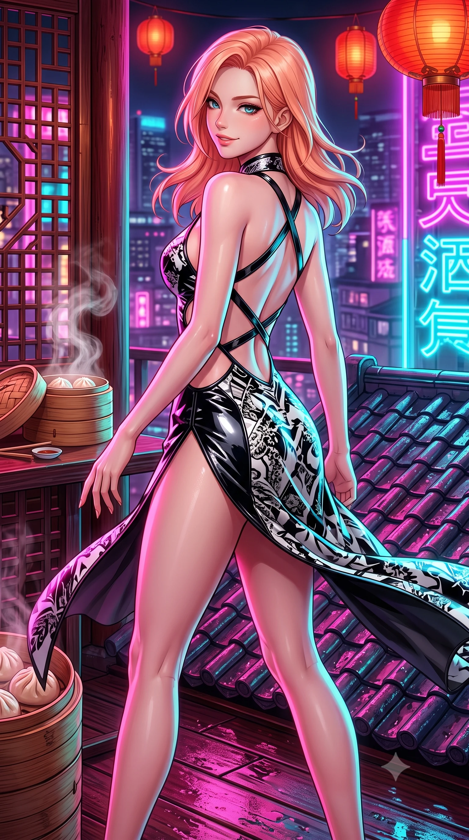 score_9, masterpiece, best quality, ultra-detailed, high-budget anime keyframe, semi-realistic 3D game render, editorial fashion photography, tasteful artistic composition, Japanese woman. close-up cowboy shot from the waist and thighs up, the character dominates the composition, filling the frame with her large presence. turning over a bare shoulder with an intoxicating, teasing smile, her soft hair framing her sharp jawline as her hips angle gracefully while striding across the neon-drenched rooftop deck as steam curls from dim sum bamboo steamers, her high-slit dress fluttering to reveal her long slender legs. The surrounding environment is rendered in vivid detail and crisp panoramic clarity. sharp bamboo lattice textures, wet ceramic roof tiles, and glowing neon tube reflections in deep focus. She has an exceptionally elegant, slender, and willowy female figure with an ultra-slim waist, a gracefully sculpted slender torso, toned flat midriff, and rounded feminine hips creating an alluring hourglass silhouette. sharp v-shaped jawline, high-bridge nose, intricate jewel-like eyes with depth, thick eyelashes, glossy parted lips with a natural sheen, intensely captivating and seductive bedroom-eyes expression, flawlessly proportioned anatomical accuracy, strict slender model proportions, natural body alignment, perfectly sculpted long slender limbs, ultra-slim waistline, clean dynamic posture without body distortion. wearing a backless silk jacquard mandarin-collar gown with dramatic side-torso cutouts and trailing skirt in high-contrast monochrome white and glossy black, formed from high-gloss patent leather with sharp specular chiaroscuro, finished with criss-cross back harness straps framing her bare spine, the precision-cut side openings and low-back scoop framing her graceful spine and the sensual sweep of her hips. bathed in vibrant magenta and electric cyan neon light contrasting with warm lantern scarlet downlights. highly saturated vibrant anime colors, detailed shading with soft gradients, rich glossy textures, high-contrast stereoscopic depth, volumetric dynamic lighting, master piece, 9:16 ratio