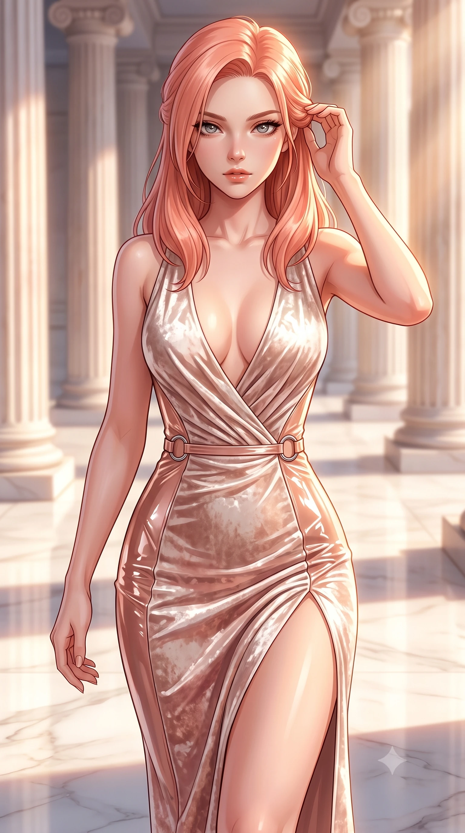 score_9, masterpiece, best quality, ultra-detailed, high-budget anime keyframe, editorial fashion photography, tasteful artistic composition, Japanese woman. close-up cowboy shot from the waist and thighs up, the character dominates the composition, filling the frame with her large presence, background elements kept in soft focus. Leaning slightly forward with a composed, seductive gaze under soft glowing light walking across a polished ivory courtyard flanked by tall Ionic columns, intense Mediterranean sun beams illuminating polished white marble surfaces. She has an exceptionally elegant, slender, and willowy female figure with an ultra-slim waist, a gracefully sculpted slender torso, and a refined silhouette. sharp v-shaped jawline, high-bridge nose, intricate jewel-like eyes with depth, thick eyelashes, glossy lips with a natural sheen. wearing a backless crushed velvet gown with a deep V-neckline and high thigh slit in pearl white and rose gold, tailored from high-gloss patent leather, accented with delicate chrome ring hardware framing her waist, the tailored fabric tightly following every curve of her athletic build. illuminated by warm marble reflections and soft, elegant shading. highly saturated vibrant anime colors, detailed shading with soft gradients, rich glossy textures, high-contrast stereoscopic depth, volumetric dynamic lighting, master piece, 9:16 ratio
