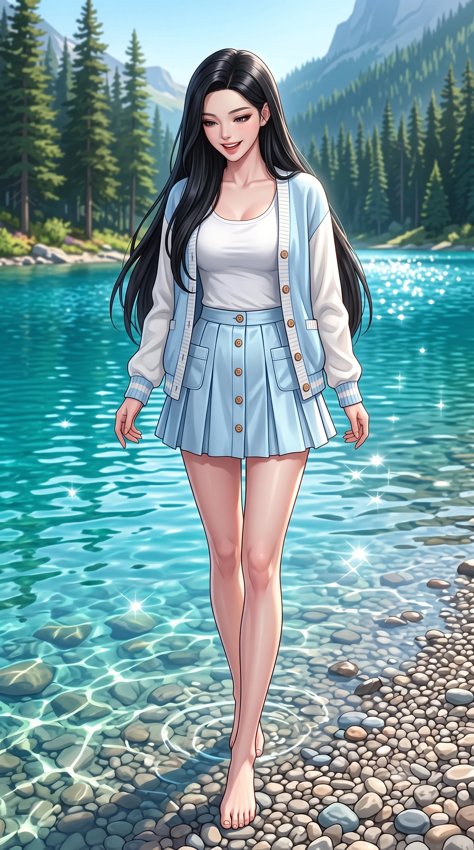 score_9, masterpiece, best quality, ultra-detailed, high-budget anime keyframe, semi-realistic 3D game render, editorial fashion photography, tasteful artistic composition, Korean woman. low angle full-body shot from head to toe showing her feet, filling the entire 9:16 vertical frame with her statuesque presence, stretching her vertical silhouette. stepping forward gracefully in mid-motion with a delighted cute laugh, displaying her tall slender model proportions while gazing into the crystal turquoise water with a delighted smile as sunbeams create dancing aquatic caustics. The surrounding environment is rendered in vivid detail and crisp panoramic clarity. crystal-clear turquoise water revealing smooth underwater pebbles, towering pine needles, and distant peaks in high clarity. She has an absolutely perfect, statuesque 8.5-heads proportion, an exceptionally tall and slender model-like female figure with impossibly long slender legs, a toned flat midriff, and an ultra-slim waist. sharp v-shaped jawline, high-bridge nose, intricate jewel-like eyes with depth, thick eyelashes, glossy lips with a natural sheen, pure and lovely fresh girlhood expression, flawlessly proportioned anatomical accuracy, strict slender model proportions, natural body alignment, perfectly sculpted long slender limbs, ultra-slim waistline, clean dynamic posture without body distortion. wearing a chic pastel varsity cardigan over a simple white scoop-neck tee and a pleated mini skirt in gentle baby blue and cloud white, crafted from smooth fluid silk satin with a natural gentle sheen, finished with neat natural wooden buttons and patch pocket details, the chic real-way fashion cut emphasizing her effortless charm, flat midriff, and slender model proportions. bathed in radiant midday sunshine creating sparkling diamond glints across the turquoise lake surface. highly saturated vibrant anime colors, detailed shading with soft gradients, rich glossy textures, high-contrast stereoscopic depth, volumetric dynamic lighting, master piece, 9:16 ratio