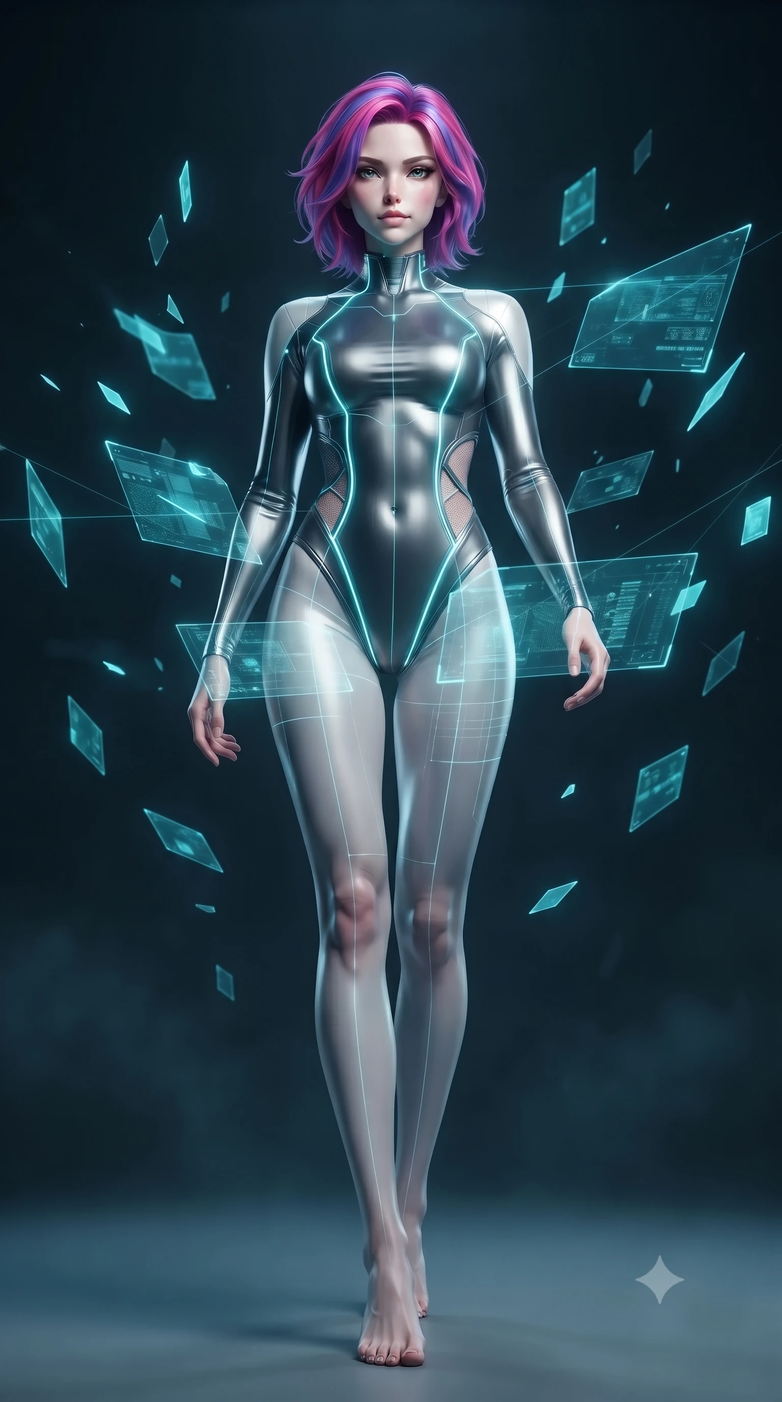 score_9, masterpiece, best quality, ultra-detailed, high-budget anime keyframe, editorial fashion photography, tasteful artistic composition, Caucasian woman. low angle full-body shot from head to toe showing her feet, filling the entire 9:16 vertical frame with her statuesque presence, stretching her vertical silhouette. stepping forward with proud posture, filling the vertical frame with her magnetic presence manipulating floating translucent cyan hologram data shards in a void, laser lines casting precise geometric grid highlights on her athletic form. She has an absolutely perfect, statuesque 8.5-heads proportion, an exceptionally tall and slender model-like female figure with impossibly long slender legs and an ultra-slim waist. sharp v-shaped jawline, high-bridge nose, intricate jewel-like eyes with depth, thick eyelashes, glossy lips with a natural sheen. wearing a skin-tight cybernetic bodysuit with glowing neon seams and side cutouts in charcoal grey and platinum, crafted from lustrous satin jersey with fluid draping, featuring subtle geometric cutouts that highlight her ultra-slim midriff, the glove-like fit emphasizing her statuesque silhouette. surrounded by a crisp high-tech illumination highlighting every sleek curve. ultra-reflective glossy finish, specular highlights, metallic sheen, high-contrast stereoscopic depth, volumetric dynamic lighting, 2k, ultra detail, master piece, 9:16 ratio