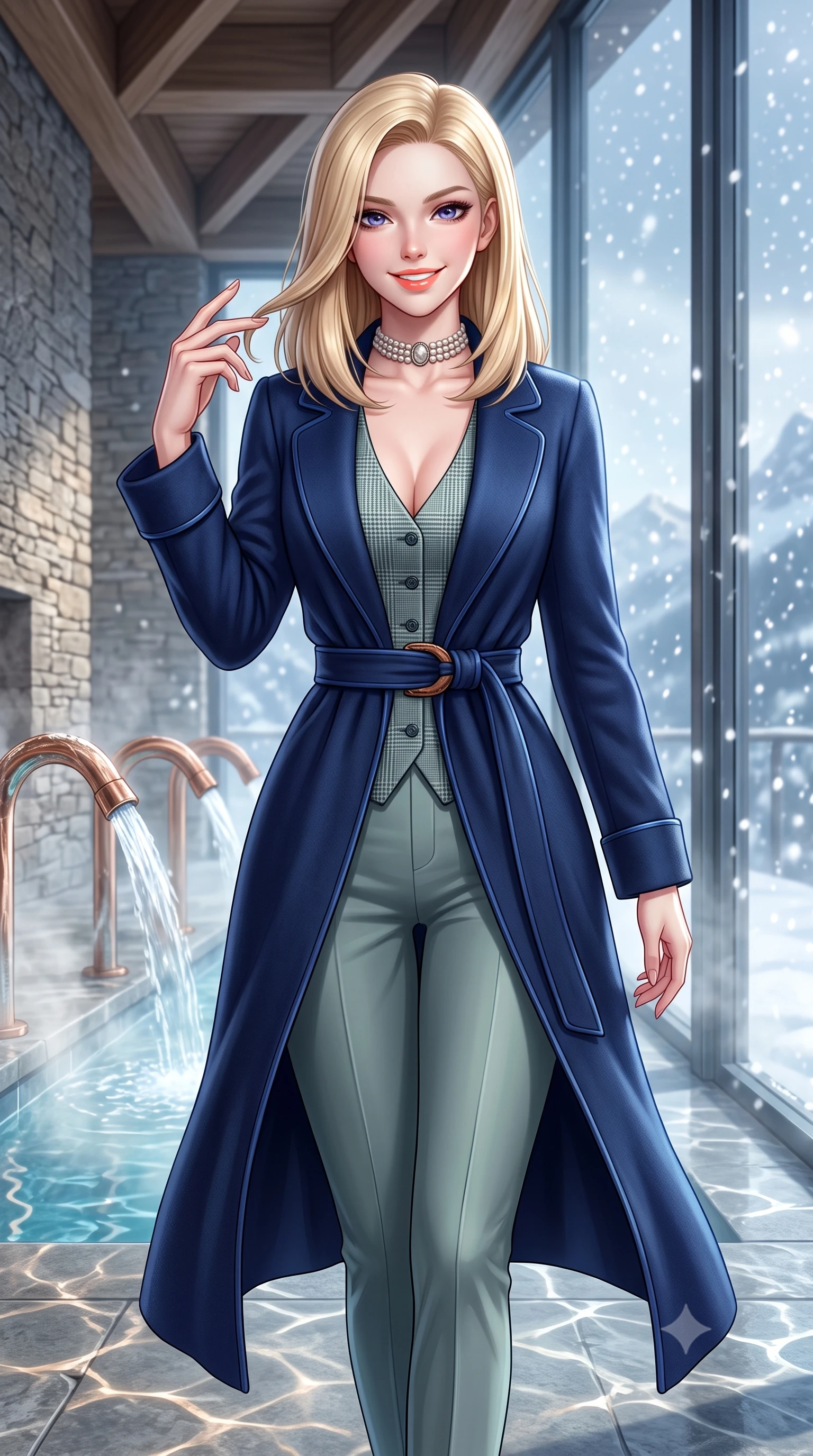 score_9, masterpiece, best quality, ultra-detailed, high-budget anime keyframe, semi-realistic 3D game render, editorial fashion photography, tasteful artistic composition, Korean woman. close-up cowboy shot from the waist and thighs up, the character dominates the composition, filling the frame with her large presence. twisting her slender torso in an alluring contrapposto stance, one hand toying with her hair while her gaze radiates magnetic charm while walking past steaming indoor hydrotherapy fountains toward the glass wall looking out at falling snow, turning with radiant poise. The surrounding environment is rendered in vivid detail and crisp panoramic clarity: detailed belted cashmere robe coat tailoring, silk piping borders, and master Swiss spa architecture in razor-sharp precision. She has an exceptionally elegant, slender, and willowy female figure with an ultra-slim waist, flat toned midriff, narrow ribcage, and sculpted feminine hips creating an alluring, slim hourglass silhouette without bulk. sharp v-shaped jawline, high-bridge nose, intricate jewel-like sparkling eyes with depth, thick eyelashes, glossy parted lips with a natural peach sheen, bright cheerful beaming smile with an enchanting and coquettish sensual glint, exuding both youthful cute charm and seductive allure, flawlessly proportioned anatomical accuracy, strict slender model proportions, natural body alignment, perfectly sculpted long slender limbs, ultra-slim waistline, clean dynamic posture without body distortion. wearing a sleek Prince of Wales check tailored vest bodice hugging her torso, paired with matching ultra-high-rise cigarette trousers in misty Arashiyama bamboo green and slate grey, made of ultra-fine Mongolian cashmere with sleek glove-like elasticity contouring her silhouette, complemented by an antique baroque pearl choker accentuating her delicate neck and collarbones, the body-conscious tailored knit hugging her sculpted torso and curvaceous hips in a seamless, fluid line that highlights her statuesque model proportions. illuminated by thermal pool surface caustics and soft pearlescent rim lights accentuating her sharp jawline and slender hourglass silhouette. highly saturated vibrant anime colors, detailed shading with soft gradients, rich glossy textures, high-contrast stereoscopic depth, volumetric dynamic lighting, master piece, 9:16 ratio