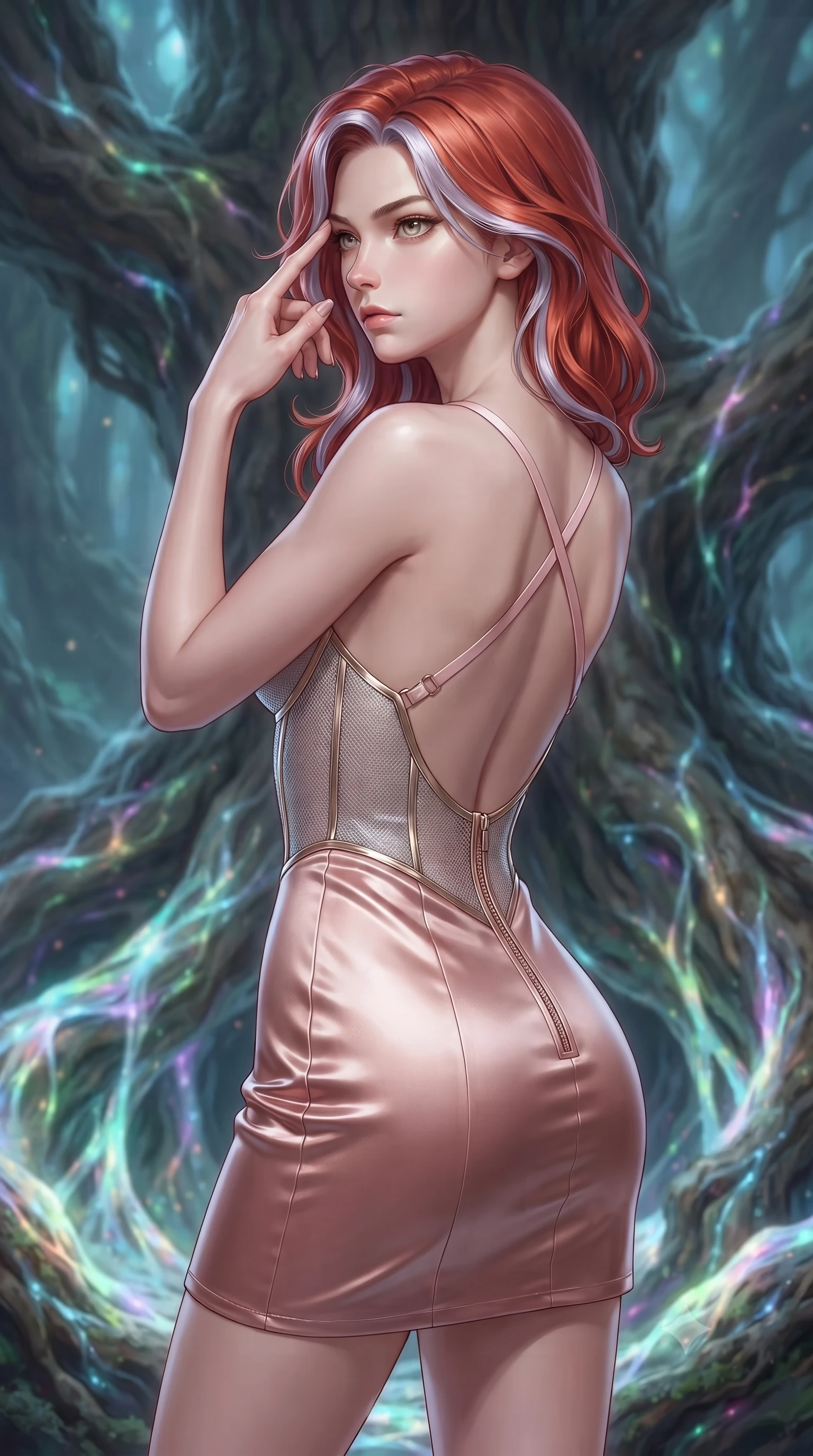score_9, masterpiece, best quality, ultra-detailed, high-budget anime keyframe, editorial fashion photography, tasteful artistic composition, Caucasian woman. close-up cowboy shot from the waist and thighs up, the character dominates the composition, filling the frame with her large presence, background elements kept in soft focus. Pressing two fingers to her temple in a composed, sharp thoughtful gesture, inside a sacred ancient grove interwoven with bioluminescent opal mycelium threads, natural organic harmony combining luxury attire with sacred nature. She has an exceptionally elegant, slender, and willowy female figure with an ultra-slim waist, a gracefully sculpted slender torso, and a refined silhouette. sharp v-shaped jawline, high-bridge nose, intricate jewel-like eyes with depth, thick eyelashes, glossy lips with a natural sheen. wearing dramatically scooped backless rose-gold satin mini dress with criss-cross straps in soft blush pink, made of fine silver contouring mesh, finished with metallic gold boning and sleek zipper points, accentuating her gracefully sculpted slender torso. illuminated by bioluminescent opal mycelium glow radiating from tree roots. ultra-reflective glossy finish, specular highlights, metallic sheen, high-contrast stereoscopic depth, volumetric dynamic lighting, 2k, ultra detail, master piece, 9:16 ratio