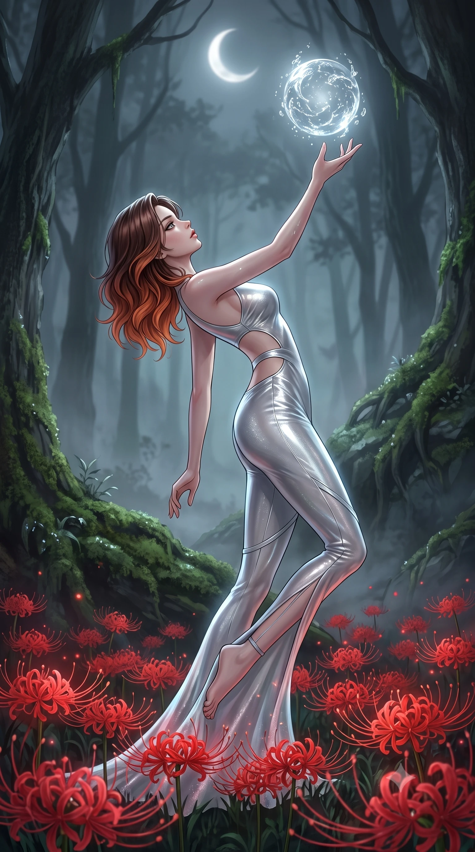 score_9, masterpiece, best quality, ultra-detailed, High-budget Anime Keyframe, East Asian woman. Dynamic full-body shot stretching the vertical silhouette to the limit. Scenario 472: reaching out to catch a floating sphere of liquid light in a misty dark forest under a crescent moon with red spider lilies blooming. Her presence is magnetic and overpowering in this high-budget anime scene. Outfit 472: a slim-fit liquid silver shimmering chiffon catsuit with strategic waist cut-outs and slender leg straps. The clothing is designed to emphasize her exceptionally tall and slender 8-heads proportion. 8-heads proportion, towering silhouette, ultra-slim waist. sharp v-shaped jawline, intricate jewel-like eyes with depth, thick eyelashes, glossy lips. 2k, ultra detail, master piece, 9:16 ratio