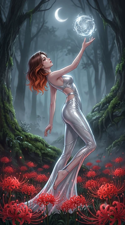 score_9, masterpiece, best quality, ultra-detailed, High-budget Anime Keyframe, East Asian woman. Dynamic full-body shot stretching the vertical silhouette to the limit. Scenario 472: reaching out to catch a floating sphere of liquid light in a misty