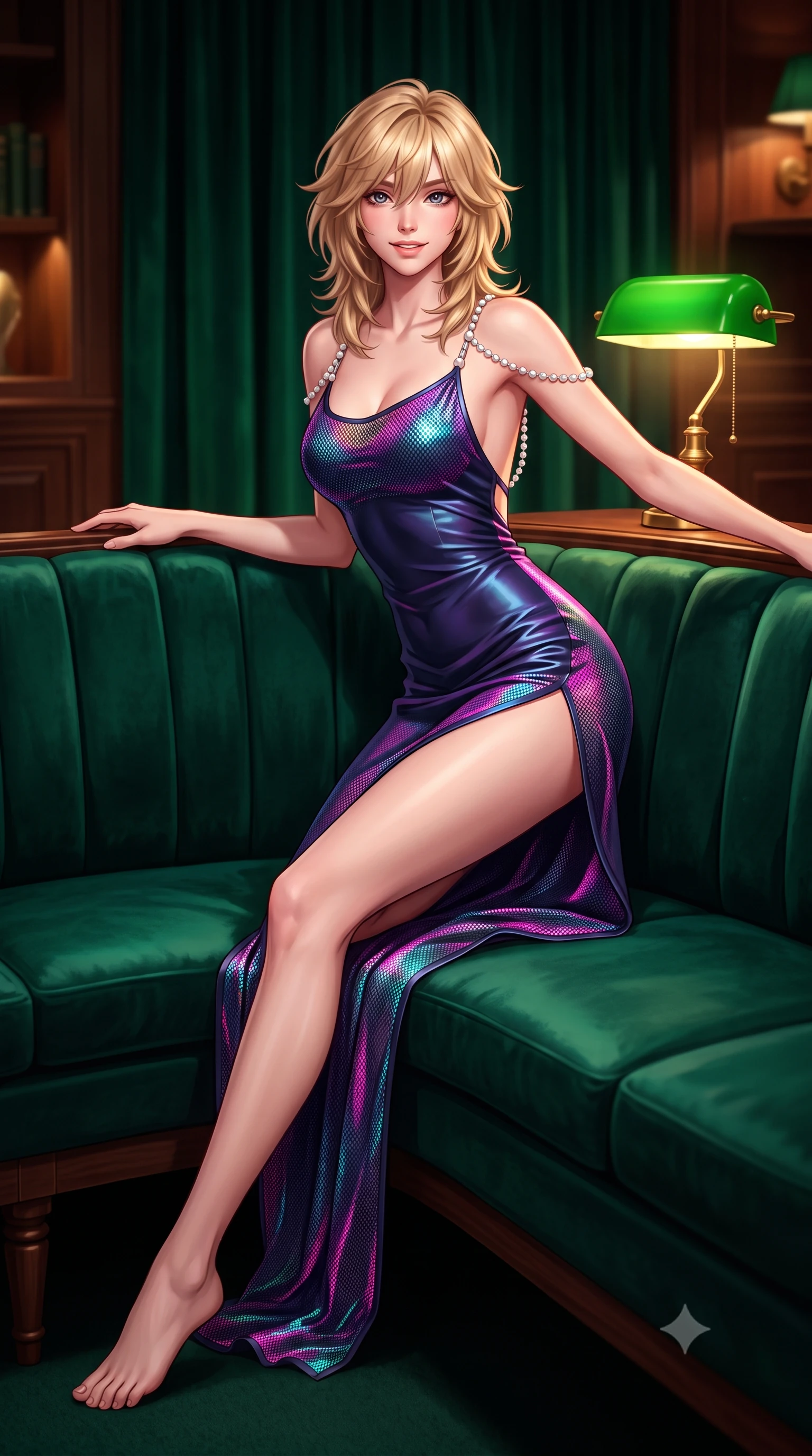 score_9, masterpiece, best quality, ultra-detailed, high-budget anime keyframe, semi-realistic 3D game render, editorial fashion photography, tasteful artistic composition, Japanese woman. low angle full-body shot from head to toe showing her feet, filling the entire 9:16 vertical frame with her statuesque presence, stretching her vertical silhouette. stepping slowly toward the camera with hypnotic grace, hips swaying in an alluring sensual rhythm that accentuates her curvy hourglass silhouette and long slender legs while reclining gracefully across the deep emerald velvet curved banquette propped on one elbow, displaying her long slender limbs and statuesque hourglass silhouette. The background shows a soft-focus deep velvet drapery softened in ultra-exclusive British private club shallow focus. She has an exceptionally tall and slender model-like 8.5-heads proportion, an ultra-slim waist, a flat toned midriff, narrow delicate ribcage, and beautifully sculpted feminine hips creating a graceful, slim hourglass silhouette without any bulky heaviness, with impossibly long slender legs. sharp v-shaped jawline, high-bridge nose, intricate jewel-like sparkling eyes with depth, thick eyelashes, glossy parted lips with a natural peach sheen, bright cheerful beaming smile with an enchanting and coquettish sensual glint, exuding both youthful cute charm and seductive allure, flawlessly proportioned anatomical accuracy, strict slender model proportions, natural body alignment, perfectly sculpted long slender limbs, ultra-slim waistline, clean dynamic posture without body distortion. wearing an alluring backless sheer holographic mesh slip dress with high thigh slit clinging smoothly to her dewy skin in Huangpu midnight sapphire and neon magenta, woven from buttery-soft stretch lambskin leather adhering to her body like a second skin, accented with a pearl-drop body harness subtly framing her dewy collarbones and spine, the precision-cut side openings and low-back scoop framing her graceful spine and the sensual sweep of her slim, toned hips. bathed in the rich chiaroscuro 2400K incandescent warmth of green banker's lamps and concealed shelf downlights. highly saturated vibrant anime colors, detailed shading with soft gradients, rich glossy textures, high-contrast stereoscopic depth, volumetric dynamic lighting, master piece, 9:16 ratio