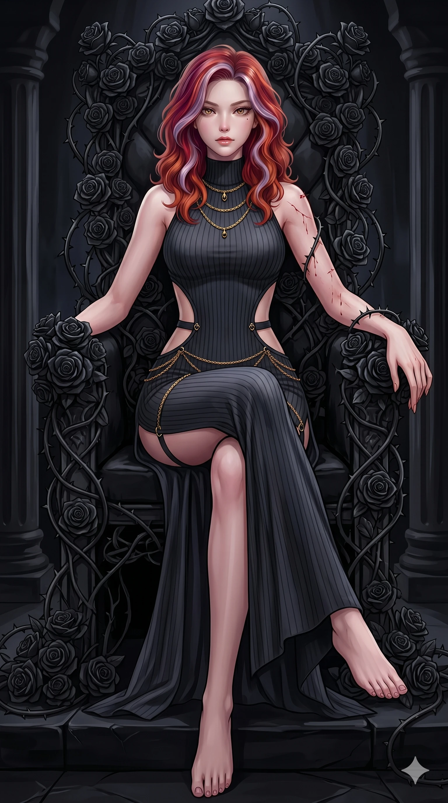 score_9, masterpiece, best quality, ultra-detailed, High-budget Anime Keyframe, East Asian woman. Dynamic full-body shot stretching the vertical silhouette to the limit. Scenario 10: Resting on a throne of black roses, thorns grazing her skin. Her presence is magnetic and overpowering in this high-budget anime scene. Outfit 10: A ribbed bodycon knit garter with a strategic side cut-outs and fine gold chains. The clothing is designed to emphasize her exceptionally tall and slender 8-heads proportion. 8-heads proportion, towering silhouette, ultra-slim waist. sharp v-shaped jawline, intricate jewel-like eyes with depth, thick eyelashes, glossy lips. 2k, ultra detail, master piece, 9:16 ratio