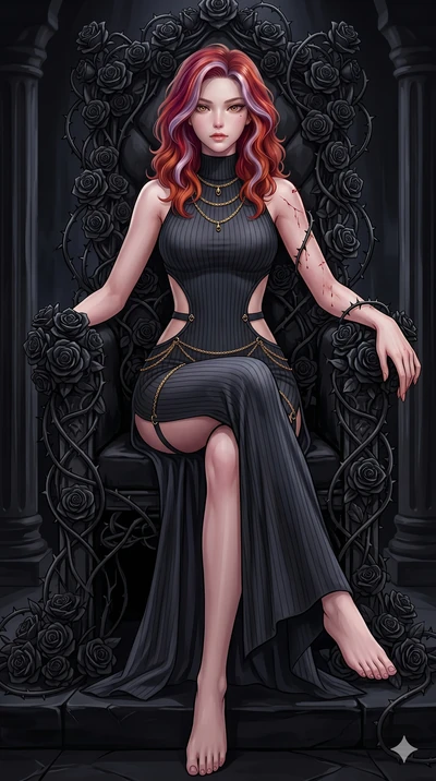 score_9, masterpiece, best quality, ultra-detailed, High-budget Anime Keyframe, East Asian woman. Dynamic full-body shot stretching the vertical silhouette to the limit. Scenario 10: Resting on a throne of black roses, thorns grazing her skin. Her pr