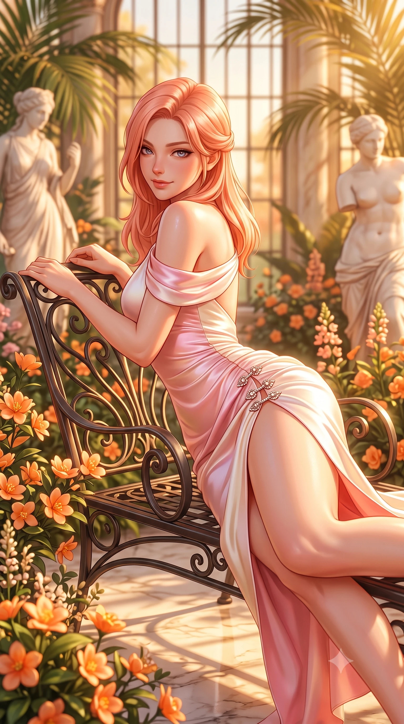 score_9, masterpiece, best quality, ultra-detailed, high-budget anime keyframe, semi-realistic 3D game render, editorial fashion photography, tasteful artistic composition, Japanese woman. close-up cowboy shot from the waist and thighs up, the character dominates the composition, filling the frame with her large presence. turning over a bare shoulder with an intoxicating, teasing smile, her soft hair framing her sharp jawline as her hips angle gracefully while reclining across a wrought-iron garden lounger surrounded by flowering orange blossoms, her flat midriff and feminine hips bathed in golden sunset rays. The composition keeps background elements in soft focus with creamy bokeh. towering exotic palm fronds, marble classical statues, and leaded glass window grids blurred into warm apricot, jade, and gold bokeh. She has an exceptionally elegant, slender, and willowy female figure with an ultra-slim waist, flat toned midriff, narrow ribcage, and sculpted feminine hips creating an alluring, slim hourglass silhouette without bulk. sharp v-shaped jawline, high-bridge nose, intricate jewel-like eyes with depth, thick eyelashes, glossy parted lips with a natural sheen, intensely captivating and seductive bedroom-eyes expression, flawlessly proportioned anatomical accuracy, strict slender model proportions, natural body alignment, perfectly sculpted long slender limbs, ultra-slim waistline, clean dynamic posture without body distortion. wearing a form-contouring cocktail dress with an asymmetrical open shoulder and hip-defining ruching in sakura blossom pink and warm ivory, tailored from ultra-smooth duchess satin with a pearlescent sheen, finished with an ultra-high side slit secured by miniature jeweled clasps, the second-skin form-contouring cut accentuating her sculpted flat midriff, narrow delicate ribcage, and gracefully curvy hips with supermodel precision. illuminated by warm marble floor bounce light contouring her sculpted collarbones, ultra-slim waist, and curvy hips. highly saturated vibrant anime colors, detailed shading with soft gradients, rich glossy textures, high-contrast stereoscopic depth, volumetric dynamic lighting, master piece, 9:16 ratio