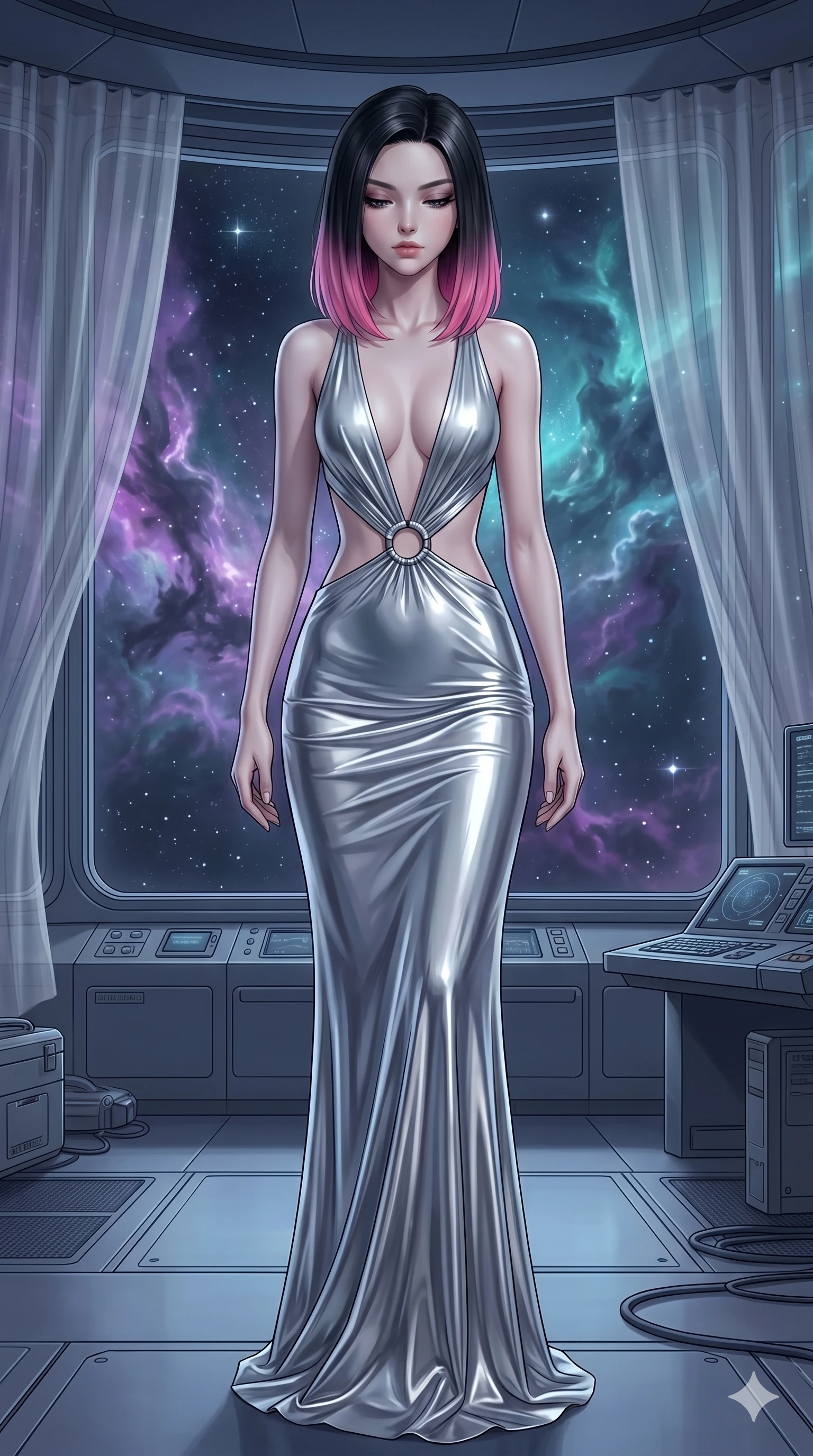 score_9, masterpiece, best quality, ultra-detailed, high-budget anime keyframe, editorial fashion photography, tasteful artistic composition, Korean woman. cowboy shot from the thighs up, character and outfit filling the frame for maximum editorial presence. Looking down with lowered lashes and a composed, powerful expression inside a deep-space observatory with nebula clouds of violet and teal drifting past panoramic windows. She has an absolutely perfect 8-heads proportion, an exceptionally tall and slender female figure with impossibly long slender legs and an ultra-slim waist. V-shaped jawline, high-bridge nose, intricate jewel-like eyes with depth, thick eyelashes, glossy lips with a natural sheen. wearing a deep plunging-V neck maxi dress in liquid silver jersey with a bold open-back, an architectural waist cutout framed by chrome ring hardware, and a body-contouring fit all the way to the floor. bathed in cold silver moonlight filtered through translucent gossamer curtains casting soft shadows on her curves. 2k, ultra detail, master piece, 9:16 ratio