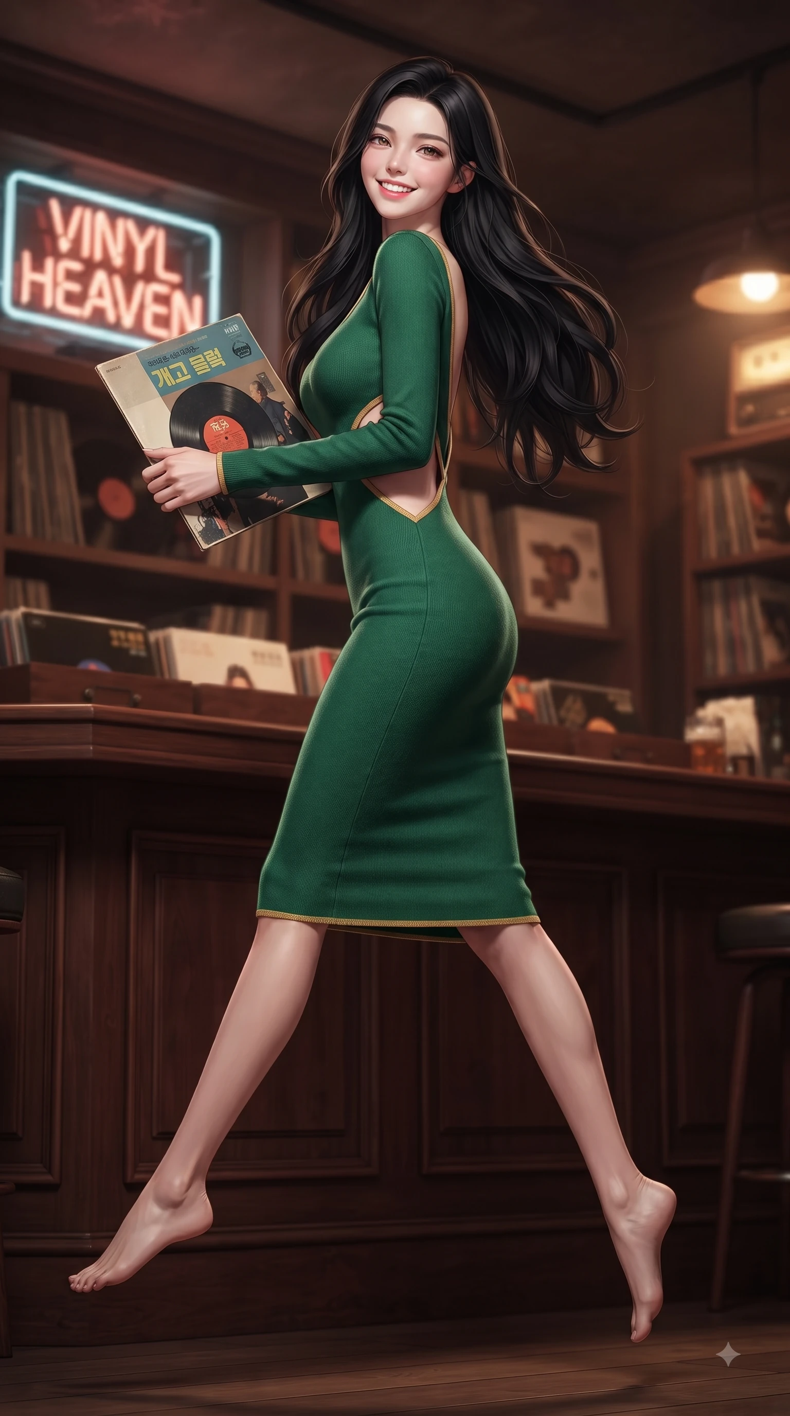 score_9, masterpiece, best quality, ultra-detailed, high-budget anime keyframe, editorial fashion photography, tasteful artistic composition, Korean woman. low angle full-body shot from head to toe showing her feet, filling the entire 9:16 vertical frame with her statuesque presence, stretching her vertical silhouette. leaping with pure youthful energy through the scene with a radiant bright smile, her long slender legs balanced gracefully while pivoting dynamically near a neon music sign while holding a vintage record sleeve. The composition keeps background elements in soft focus with dreamy bokeh. rich mahogany bar counters blurred smoothly behind her feminine posture. She has an absolutely perfect, statuesque 8.5-heads proportion, an exceptionally tall and slender model-like female figure with impossibly long slender legs and an ultra-slim waist. sharp v-shaped jawline, high-bridge nose, intricate jewel-like eyes with depth, thick eyelashes, glossy lips with a natural sheen, flawlessly proportioned anatomical accuracy, natural body alignment, perfectly sculpted elegant limbs, clean dynamic posture without body distortion. wearing a precision-fitted bodycon dress with a graceful open draped back in bright emerald green and warm gold trim, knitted from soft cozy cashmere yarn, complemented by clean architectural cutouts along her slender torso, the sleek second-skin texture accentuating her magnetic presence. surrounded by a nostalgic, warm, and intimate retro music atmosphere. ultra-reflective glossy finish, specular highlights, metallic sheen, high-contrast stereoscopic depth, volumetric dynamic lighting, 2k, ultra detail, master piece, 9:16 ratio
