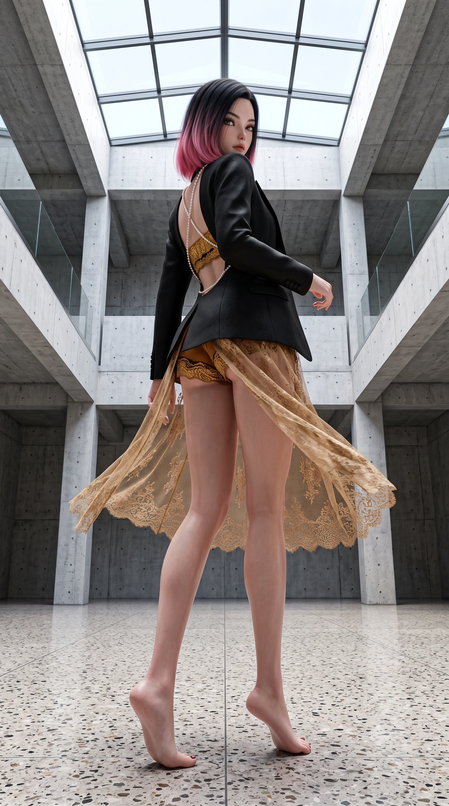 score_9, masterpiece, best quality, ultra-detailed, high-budget anime keyframe, semi-realistic 3D game render, editorial fashion photography, tasteful artistic composition, Korean woman. low angle full-body shot from head to toe showing her feet, filling the entire 9:16 vertical frame with her statuesque presence, stretching her vertical silhouette. executing a slow, graceful pivot turn as her skirt sways around her slender legs, glancing back with an enchanting, teasing sensual expression while standing centered in the monumental exposed concrete atrium, arching her back with sculptural supermodel presence and razor-sharp gaze. The surrounding environment is rendered in vivid detail and crisp panoramic clarity: sharp board-formed concrete tie-hole textures, polished terrazzo floor aggregate, and glass skylight mullions in deep focus. She has an absolutely perfect, statuesque 8.5-heads proportion, an exceptionally tall and slender model-like female figure with impossibly long slender legs, an ultra-slim waist, a flat toned midriff, narrow delicate ribcage, and beautifully sculpted feminine hips creating a graceful, slim hourglass silhouette without any bulky heaviness. sharp v-shaped jawline, high-bridge nose, sparkling eyes with hypnotic seductive depth, thick curled eyelashes, glossy parted lips with a natural dewy peach sheen, alluring bedroom-eyes with an enchanting coquettish smile, exuding magnetic siren charisma and sophisticated glamour, flawlessly proportioned anatomical accuracy, strict slender model proportions, natural body alignment, perfectly sculpted long slender limbs, ultra-slim waistline, clean dynamic posture without body distortion. wearing a tailored open-front minimal smoking blazer worn over a jewel-embellished bandeau and micro-shorts in warm amber honey and antique gold leaf with dark shadow gradients, made of delicate semi-sheer French Chantilly lace with intricate eyelash edges, accented with a pearl-drop body harness subtly framing her dewy collarbones and spine, the glove-like clinging cut tightly following the natural contour of her hips and long slender legs with youthful 8.5-heads elegance. bathed in intense crisp neutral 5500K daylight flooding directly down from the overhead glass skylight. highly saturated vibrant anime colors, detailed shading with soft gradients, rich glossy textures, high-contrast stereoscopic depth, volumetric dynamic lighting, master piece, 9:16 ratio