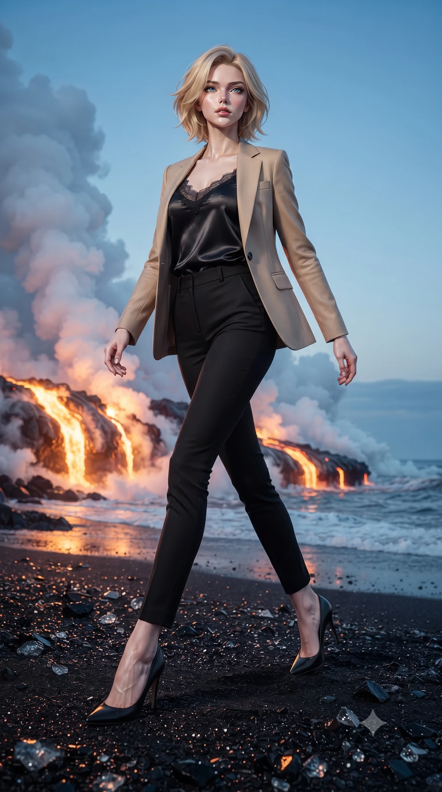 score_9, masterpiece, best quality, ultra-detailed, high-budget anime keyframe, editorial fashion photography, tasteful artistic composition, Caucasian woman, strictly human ears. low angle full-body shot from head to toe showing her feet, filling the entire 9:16 vertical frame with her statuesque presence, stretching her vertical silhouette. ascending with powerful grace through a beach of glittering jet-black volcanic glass sand with waves of molten gold lapping at the shore where magma meets ocean steam rising in great columns and the black glass fragments catching light like dark diamonds. She has a statuesque 8.5-heads proportion, an exceptionally tall, slender and willowy model-like build with impossibly long legs and a highly sculpted ultra-slim waist. sharp v-shaped jawline, high-bridge nose, intricate jewel-like eyes with depth, thick eyelashes, glossy lips with a natural sheen. wearing a black fine lace-trimmed satin camisole layered under a structured beige blazer, paired with tailored pencil pants. intense orange-gold glow from the molten lava meeting the sea contrasting with cool blue morning sky above and the black obsidian sand reflecting both warm and cool light sources. 2k, ultra detail, master piece, 9:16 ratio