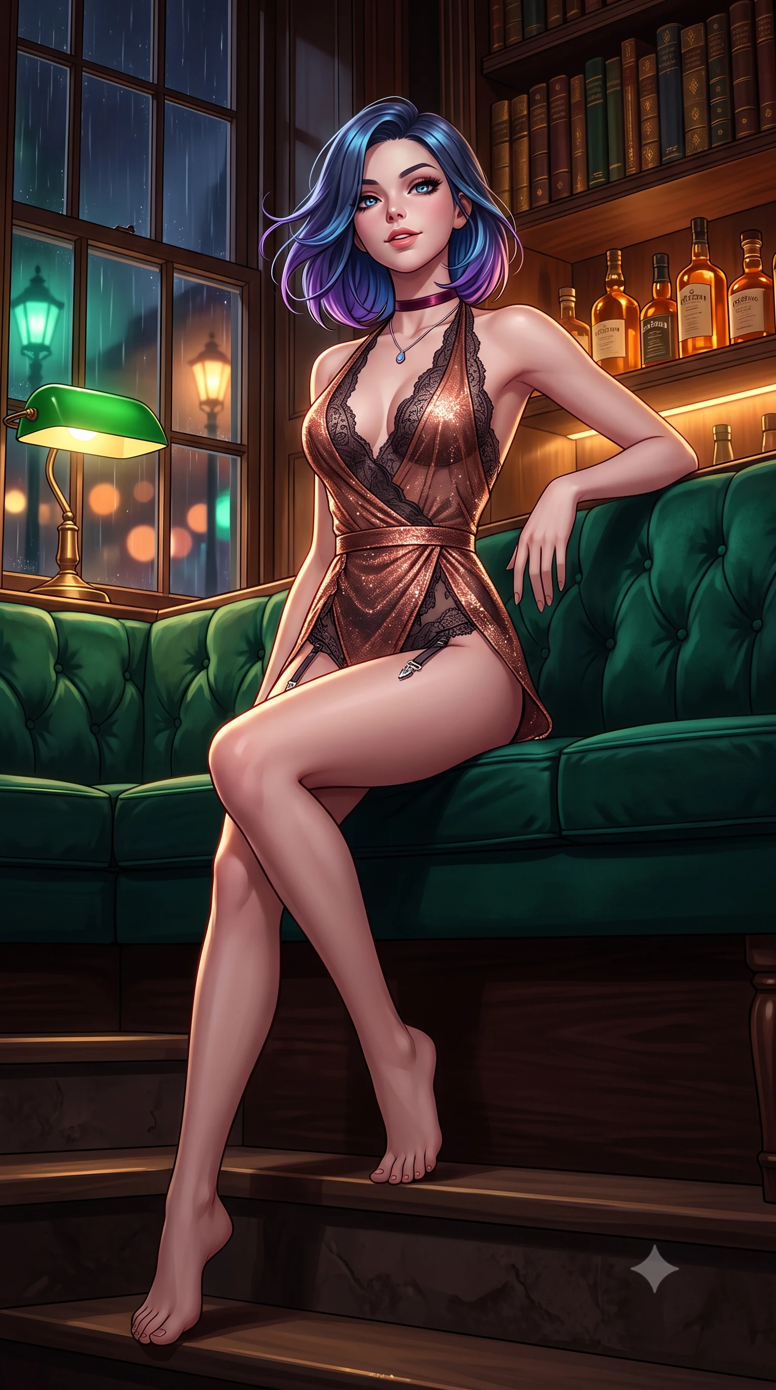 score_9, masterpiece, best quality, ultra-detailed, high-budget anime keyframe, semi-realistic 3D game render, editorial fashion photography, tasteful artistic composition, Caucasian woman. low angle full-body shot from head to toe showing her feet, filling the entire 9:16 vertical frame with her statuesque presence, stretching her vertical silhouette. sitting poised on the stone steps with one knee bent, arching her spine with supermodel elegance as she glances upward through thick eyelashes while reclining gracefully across the deep emerald velvet curved banquette propped on one elbow, displaying her long slender limbs and statuesque hourglass silhouette. The background shows a soft-focus leather-bound antique gilt books on soaring shelves, backlit amber liquor bottles, and rainy Mayfair streetlamps through sash windows blurred into emerald, amber, and mahogany bokeh. She has an exceptionally tall and slender model-like 8.5-heads proportion, an ultra-slim waist, a flat toned midriff, narrow delicate ribcage, and beautifully sculpted feminine hips creating a graceful, slim hourglass silhouette without any bulky heaviness, with impossibly long slender legs. sharp v-shaped jawline, high-bridge nose, intricate jewel-like sparkling eyes with depth, thick eyelashes, glossy parted lips with a natural peach sheen, bright cheerful beaming smile with an enchanting and coquettish sensual glint, exuding both youthful cute charm and seductive allure, flawlessly proportioned anatomical accuracy, strict slender model proportions, natural body alignment, perfectly sculpted long slender limbs, ultra-slim waistline, clean dynamic posture without body distortion. wearing a delicate sheer French lace halter teddy with a low scoop back and crystal garter attachments in sultry copper rose and deep shadow charcoal, woven from stretch metallic lurex jersey casting radiant starlight glints across her curves, finished with a thin velvet ribbon choker and a single teardrop diamond pendant, the high-slit wrap tailoring accentuating her ultra-slim waistline and the enchanting curve of her feminine hips with alluring seductive charm. bathed in the rich chiaroscuro 2400K incandescent warmth of green banker's lamps and concealed shelf downlights. highly saturated vibrant anime colors, detailed shading with soft gradients, rich glossy textures, high-contrast stereoscopic depth, volumetric dynamic lighting, master piece, 9:16 ratio