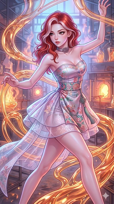 score_9, masterpiece, best quality, ultra-detailed, high-budget anime keyframe, Caucasian woman, strictly human ears. upper body close-up from the thighs up, character filling the screen for maximum presence. bounding through a molten glass art studi