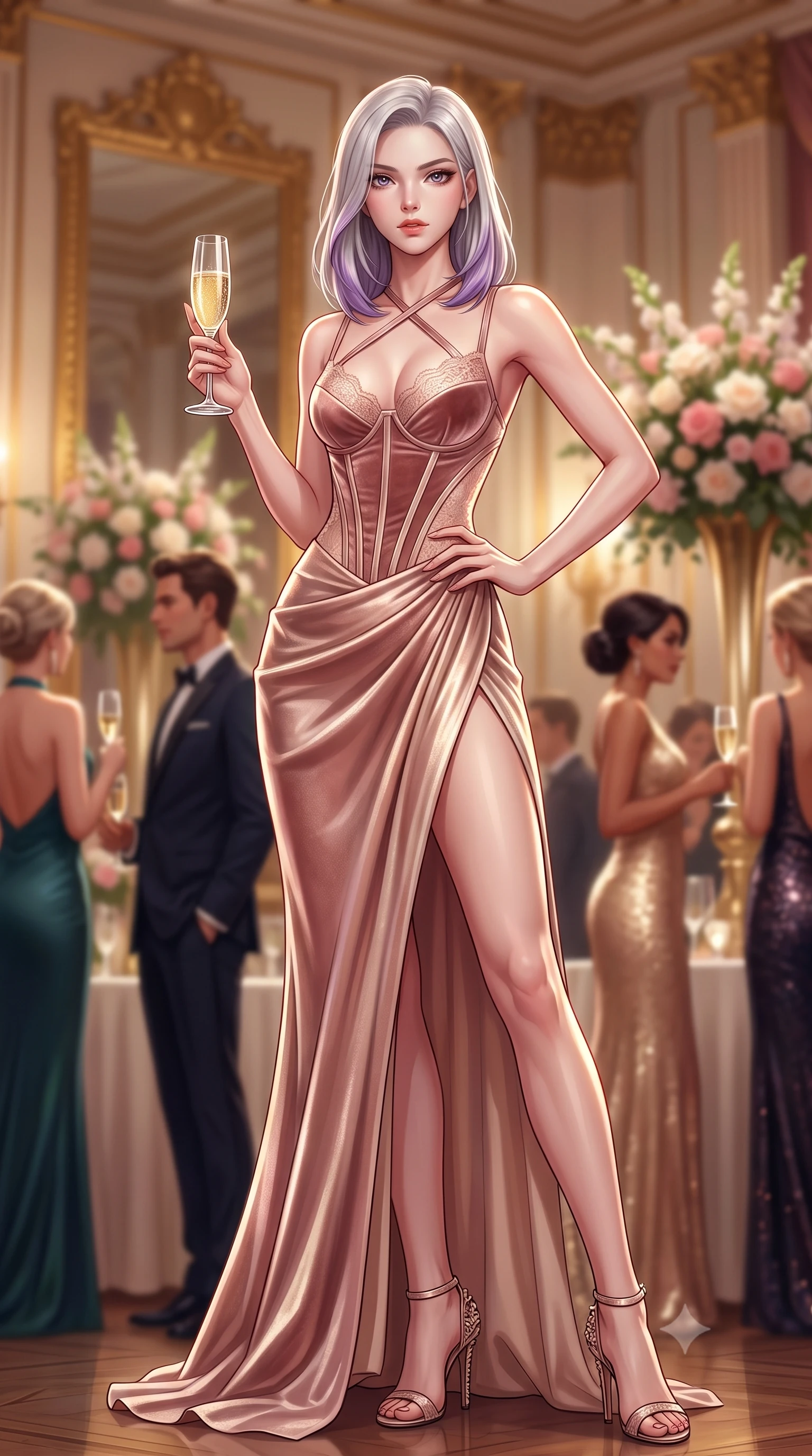 score_9, masterpiece, best quality, ultra-detailed, high-budget anime keyframe, semi-realistic 3D game render, editorial fashion photography, tasteful artistic composition, Caucasian woman. low angle full-body shot from head to toe showing her feet, filling the entire 9:16 vertical frame with her statuesque presence, stretching her vertical silhouette. standing poised with one hip cocked in an alluring high-fashion pose, her tall 8.5-heads proportions dominating the scene while holding a crystal flute of sparkling champagne with delicate poise, her jewel-like eyes locked onto the viewer. The composition keeps background elements in soft focus with creamy bokeh. gilded mirror reflections and towering floral centerpieces softened in glamorous shallow focus. She has an absolutely perfect, statuesque 8.5-heads proportion, an exceptionally tall and slender model-like female figure with impossibly long slender legs, a toned flat midriff, and an ultra-slim waist. sharp v-shaped jawline, high-bridge nose, intricate jewel-like eyes with depth, thick eyelashes, glossy lips with a natural sheen, captivating and magnetic expression, flawlessly proportioned anatomical accuracy, strict slender model proportions, natural body alignment, perfectly sculpted long slender limbs, ultra-slim waistline, clean dynamic posture without body distortion. wearing a high-slit velvet corset dress with delicate lace-trimmed bodice and crossed back straps in dusky blush rose and champagne shimmer, tailored from liquid silk jersey adhering flawlessly to her slender build, featuring a criss-cross satin back lacing highlighting her graceful shoulder blades, the precision-cut daring openings accentuating her delicate midriff, graceful bare collarbones, and ultra-slim feminine waistline. surrounded by a glamorous, exclusive, and breathtakingly captivating billionaire heiress aura. highly saturated vibrant anime colors, detailed shading with soft gradients, rich glossy textures, high-contrast stereoscopic depth, volumetric dynamic lighting, master piece, 9:16 ratio