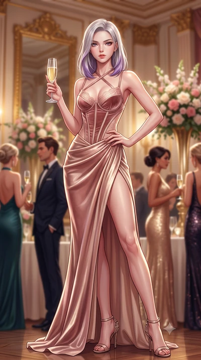 score_9, masterpiece, best quality, ultra-detailed, high-budget anime keyframe, semi-realistic 3D game render, editorial fashion photography, tasteful artistic composition, Caucasian woman. low angle full-body shot from head to toe showing her feet, 